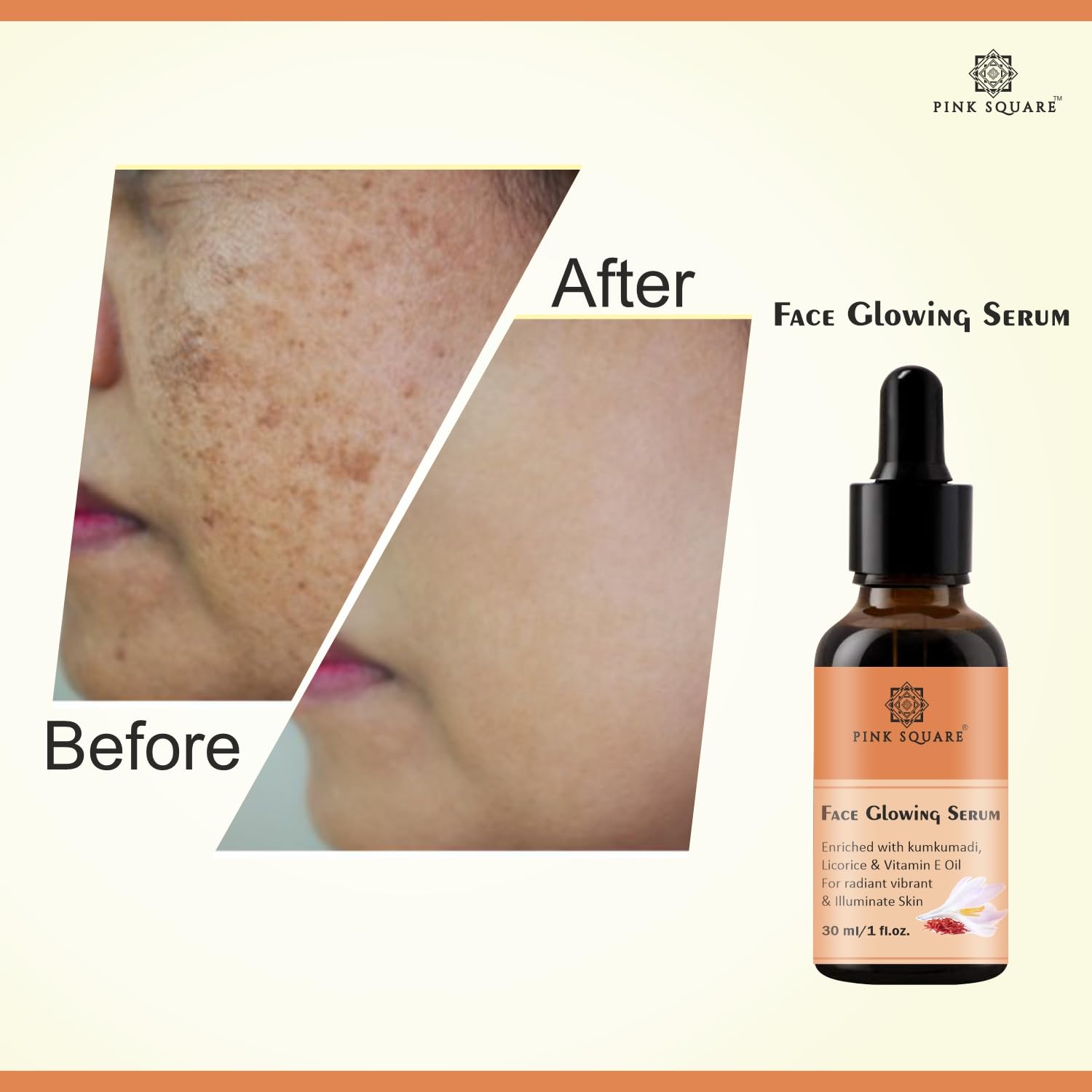 Pink Square Face Glowing Serum with Kumkumadi & Vitamin E Oil - 2 Pack (30ML Each) for Radiant & Illuminated Skin | Perfect for Nighttime Skincare & Anti-Aging Routine