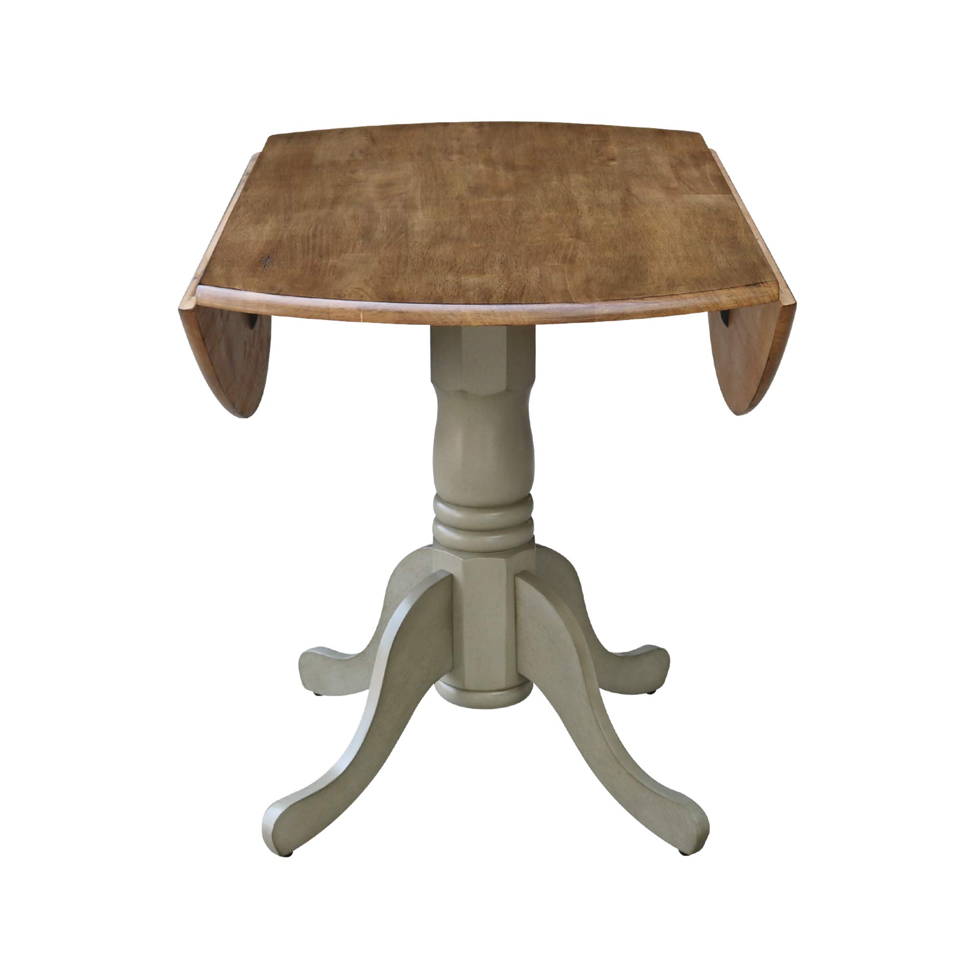 IC International Concepts 42-Inch Round Dual Drop Leaf Pedestal Dining Table - Solid Real Parawood with Distressed Hickory/Stone Finish | Perfect for Small Spaces, Kitchen Nooks & Cozy Dining Rooms