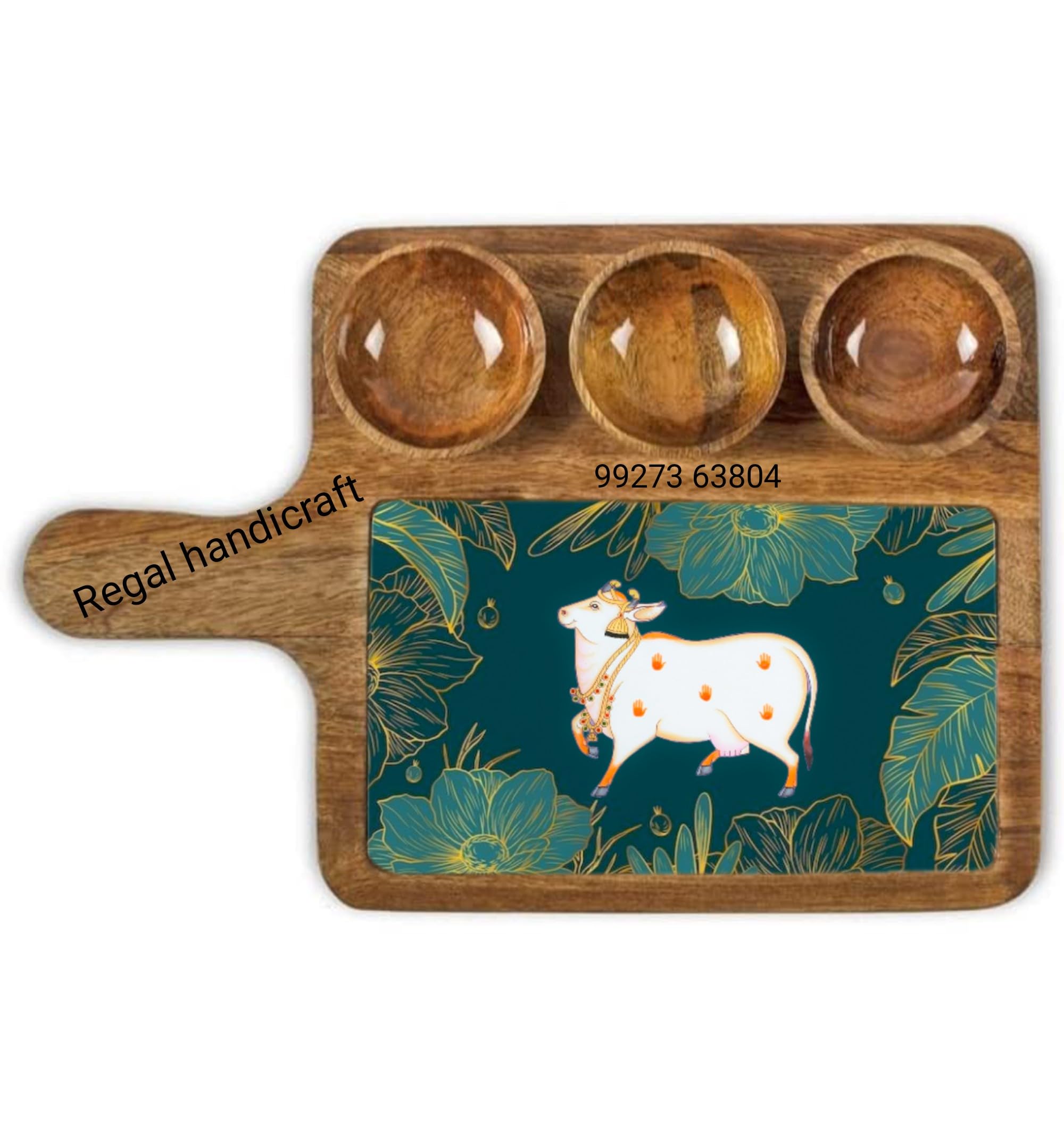 Regal Handicraft Mango Wood Serving Tray with 3 Bowls - 10x16 Inch Multipurpose Appetizer Platter for Cakes, Snacks, Cheese & Fruits - Perfect for Kitchen, Restaurants, Parties & Home Entertaining