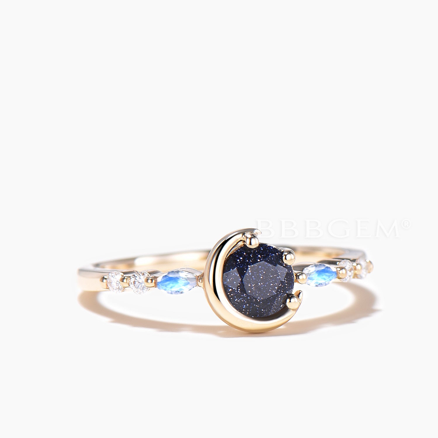 Round Cut Blue Sandstone Moon Engagement Ring - Moonstone Celestial Wedding Band for Women - Perfect for Proposals, Anniversaries & Boho Bridal Jewelry