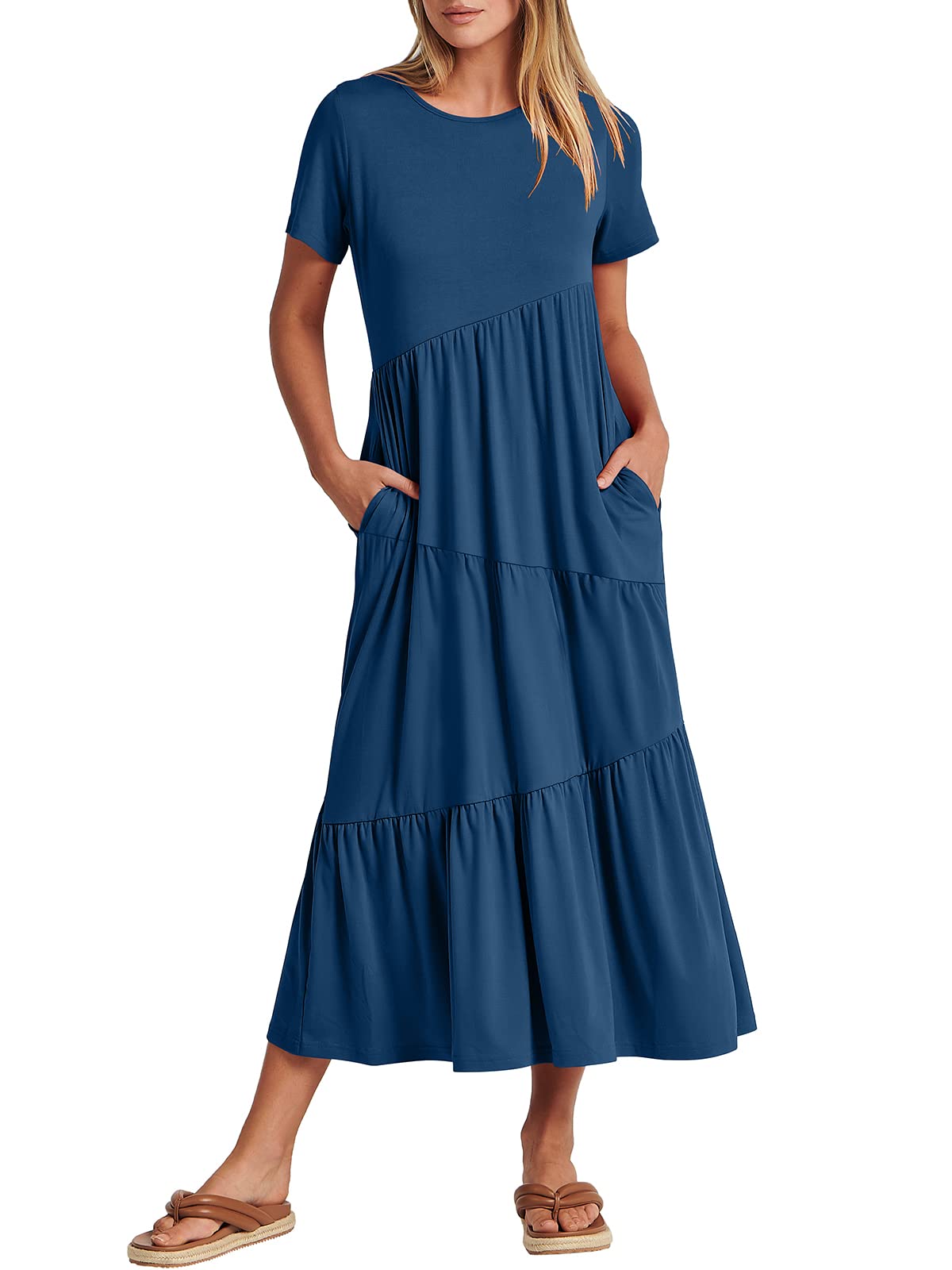 ANRABESS Women's Summer Maxi Dress - Short Sleeve Asymmetric Tiered Swing Dress for Casual Wear, Beach Vacation & Outdoor Activities | Flowy Long Sundress for Women