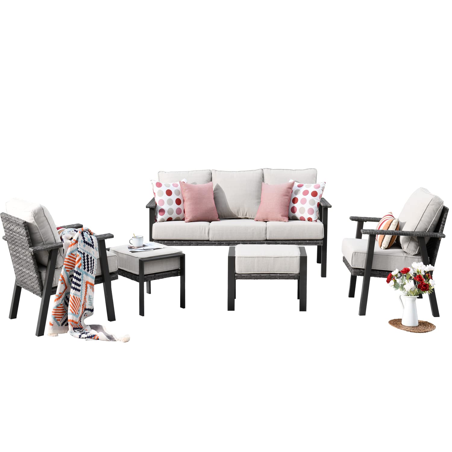 Ovios 5-Piece Outdoor Patio Furniture Set - All-Weather Wicker Rattan Sofa with Ottomans & High Back Design, Beige Cushioned Conversation Set for Backyard, Garden or Poolside Relaxation