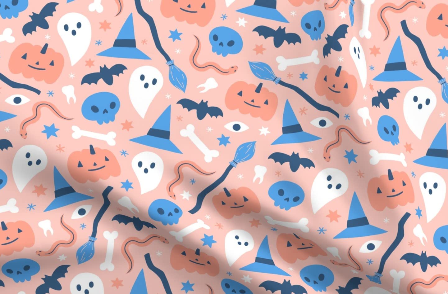 Pastel Pumpkins Skulls Witch Pink Skull Bones Halloween Printed Satin Fabric - Fat Quarter for Sewing, Apparel, Fashion, Blankets & Home Decor | Perfect for Halloween Costumes, Quilting & DIY Craft Projects