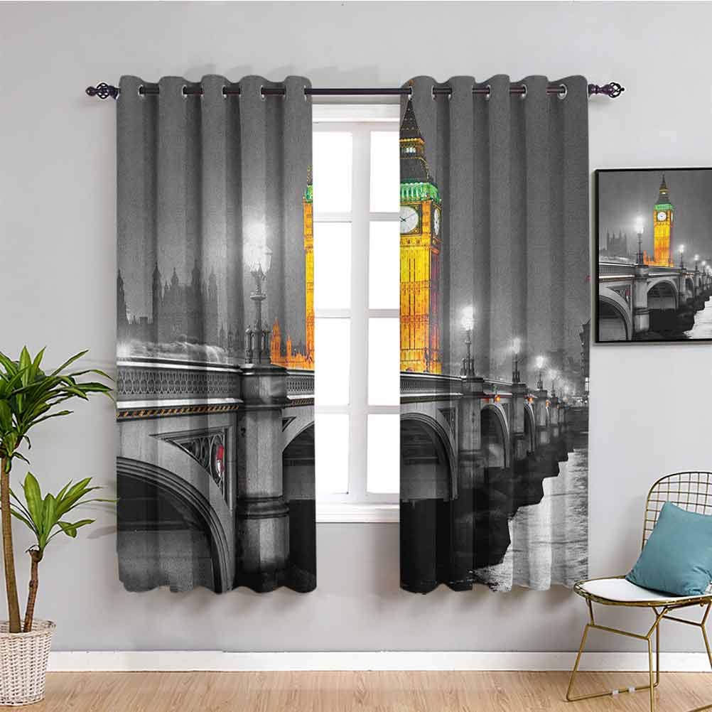 Blackout Curtains for Bedroom - 72 Inch Length London Themed (Big Ben & Westminster Bridge Night Scene) - 2 Panel Set Grey & Yellow - W72 x L72 Inch - Perfect for Home Decor, Nursery, Dorm Room & Noise Reduction