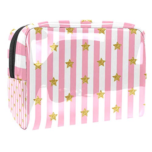 imobaby Gold Glitter Star Pink Striped Cosmetic Bag - Waterproof PVC Makeup Pouch for Women | Travel Toiletries Organizer & Handy Storage | Perfect for Gym, Beach Trips & Daily Essentials