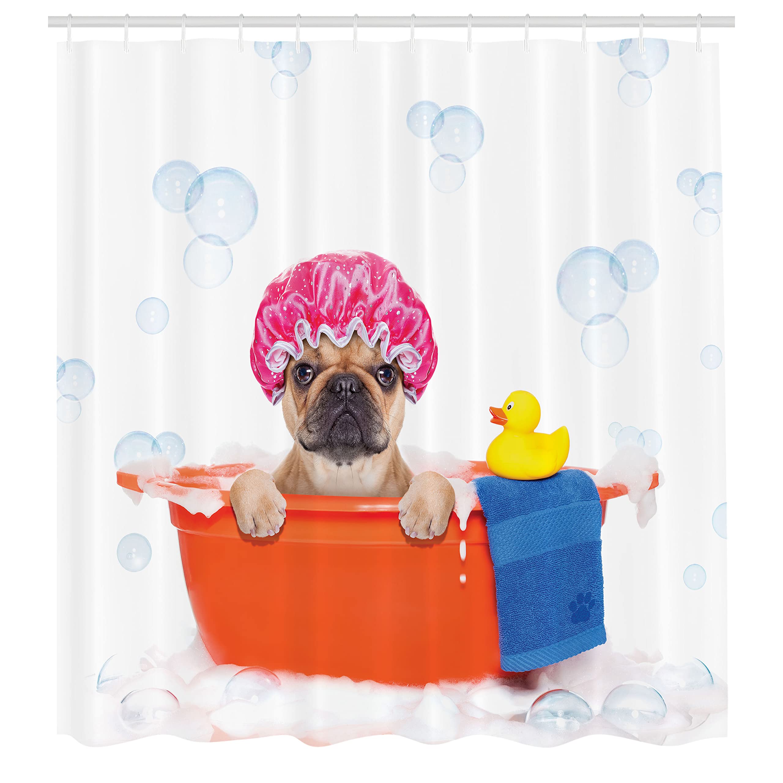 Ambesonne Dog Lover Shower Curtain - French Bulldog Bathing with Rubber Duck on Bubbles Background, 69x70 Inch Waterproof Fabric Bathroom Decor with Hooks, Orange & Pink | Perfect for Pet Lovers' Bathroom, Kids' Shower Room & Unique Gift Idea