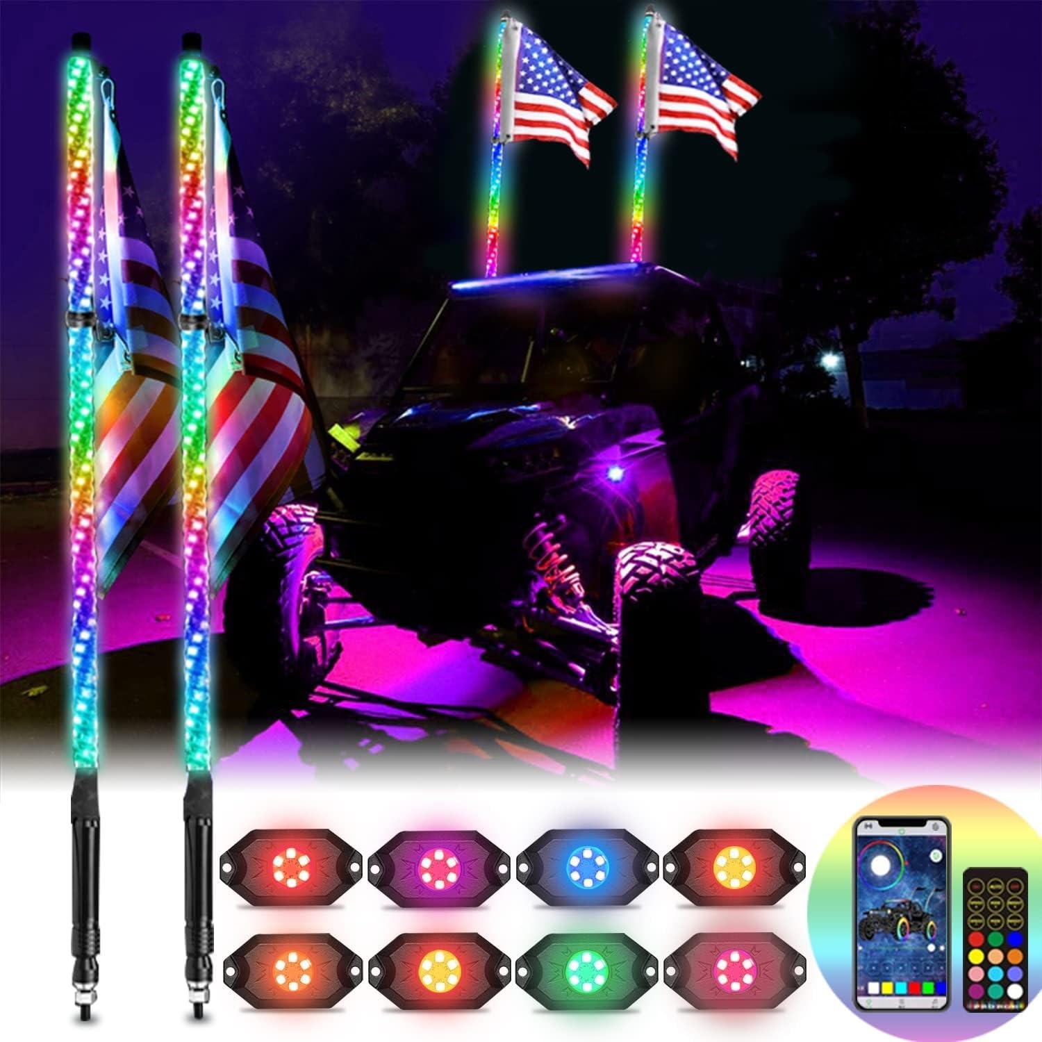 OHMU 2PCS 3FT LED Whip Lights & 8-Pod Rock Lights Kit with Bluetooth App Control - Offroad Vehicle LED Light Bar for Jeep, Truck, ATV, UTV - Waterproof Neon Underglow & Safety Warning Lights for Night Driving & Outdoor Adventures