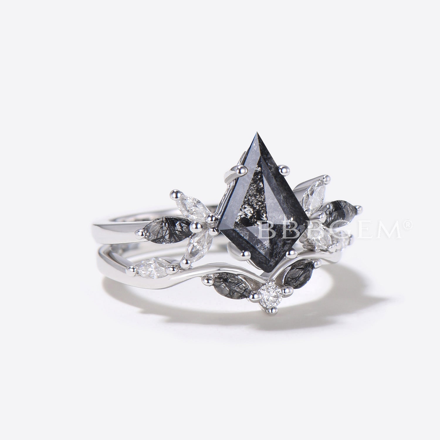 Natural Salt and Pepper Diamond Black Rutilated Quartz Cluster Bridal Ring Set - Unique Wedding Band for Engagement, Anniversary & Special Occasions