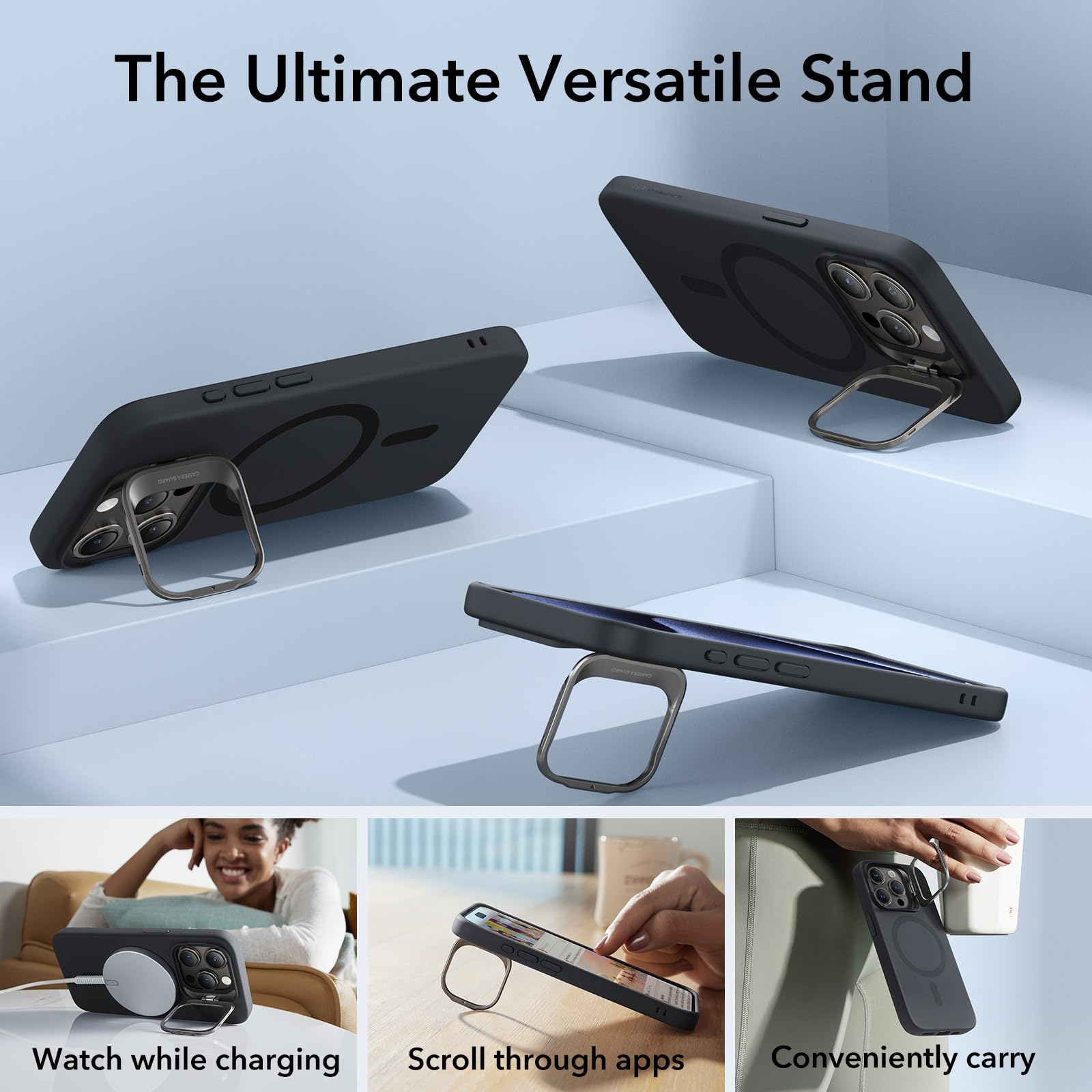 ESR for iPhone 15 Pro Case with MagSafe - Military-Grade Protective Silicone Phone Cover with Built-in Stand & Camera Stash | Magnetic Case for iPhone 15 Pro (Cloud Series, Black) | Perfect for Work, Travel & Everyday Use