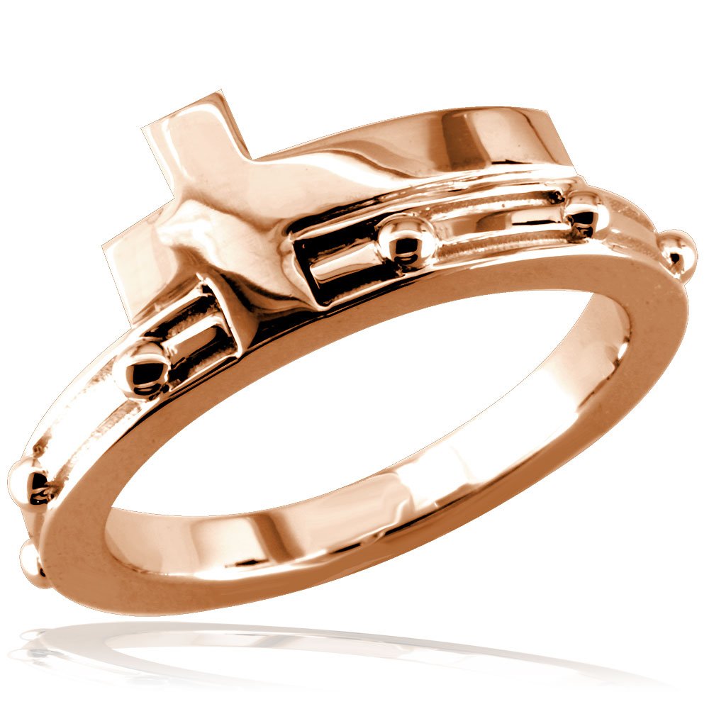 18K Pink Gold Christian Cross Rosary Ring for Women - Religious Jewelry Gift for Baptism, First Communion & Daily Faith Inspiration