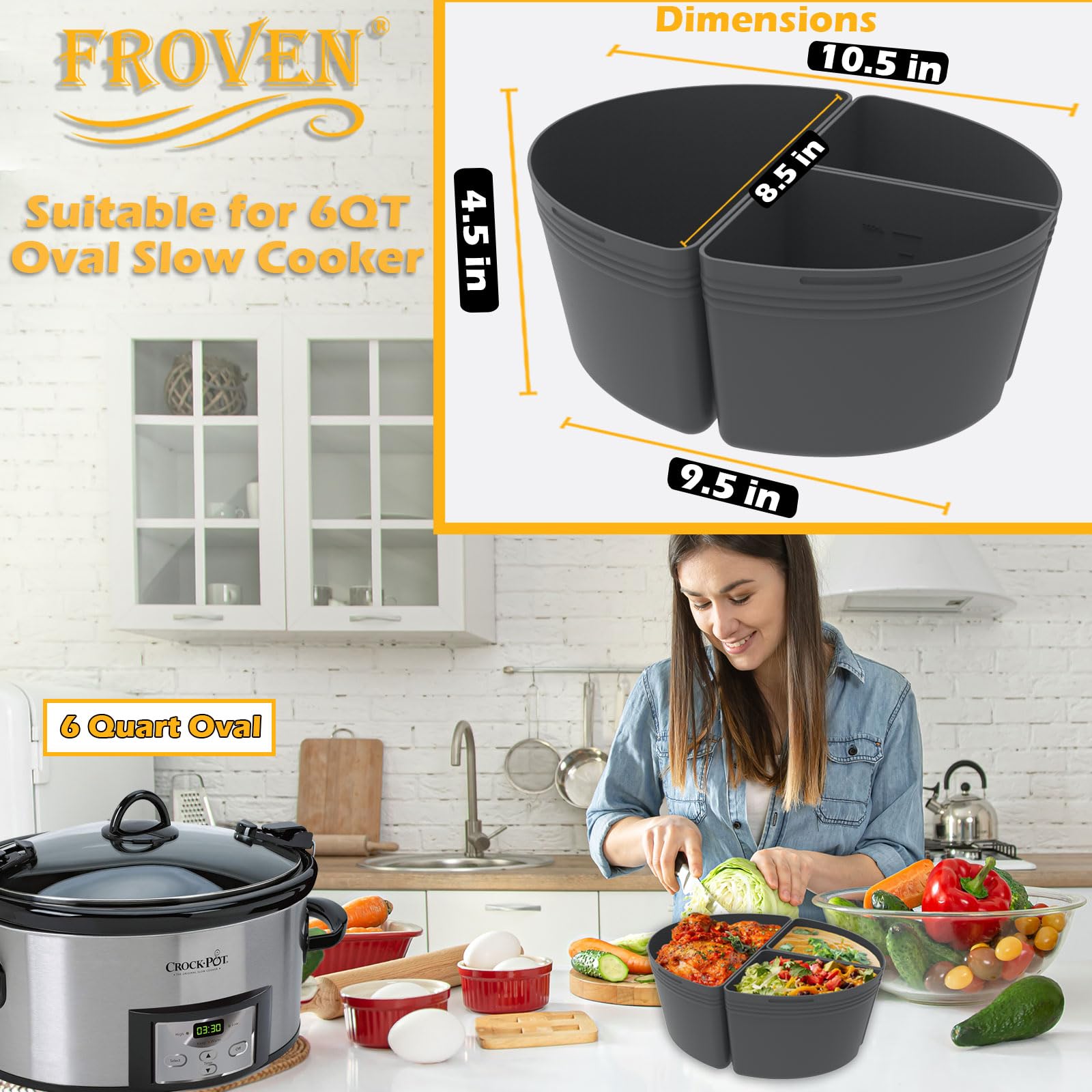 6 Quart Silicone Slow Cooker Divider Liners Oval - Thickened, Weighted & Sturdy Reusable Crockpot Inserts for Most 6 Qt Slow Cookers | Leakproof & Dishwasher Safe | Perfect for Meal Prep, Leftovers & Party Serving