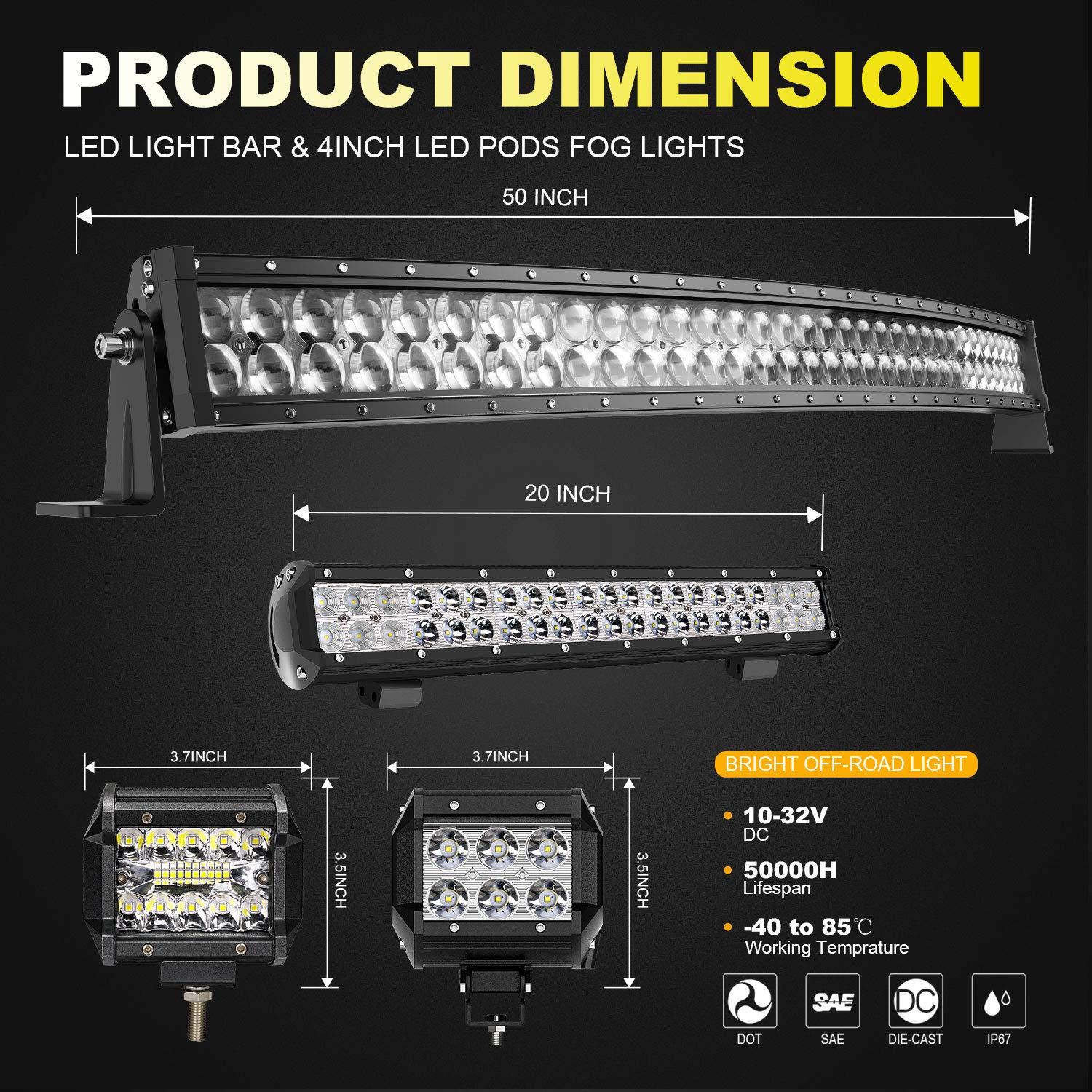 TURBO SII - 50 Inch 288W Curved 5D LED Light Bar Kit + 20 Inch 126W Spot Flood Combo Offroad Lights - 4PCS 4 Inch LED Pod Lights with 3-Lead Wiring Harness for Jeep, Truck, ATV, UTV, SUV - Perfect for Off-Roading, Night Driving & Adventure