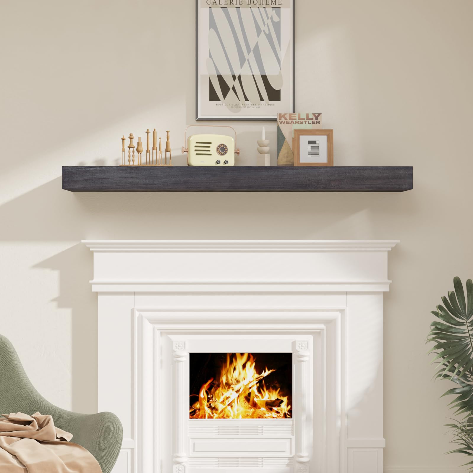 60 Inch Solid Wood Fireplace Mantel Shelf - Wall Mounted Floating Shelf with Hollow Design, Grey Painted - Perfect for Living Room Decor, Bedroom Storage & Displaying Photos/Artwork