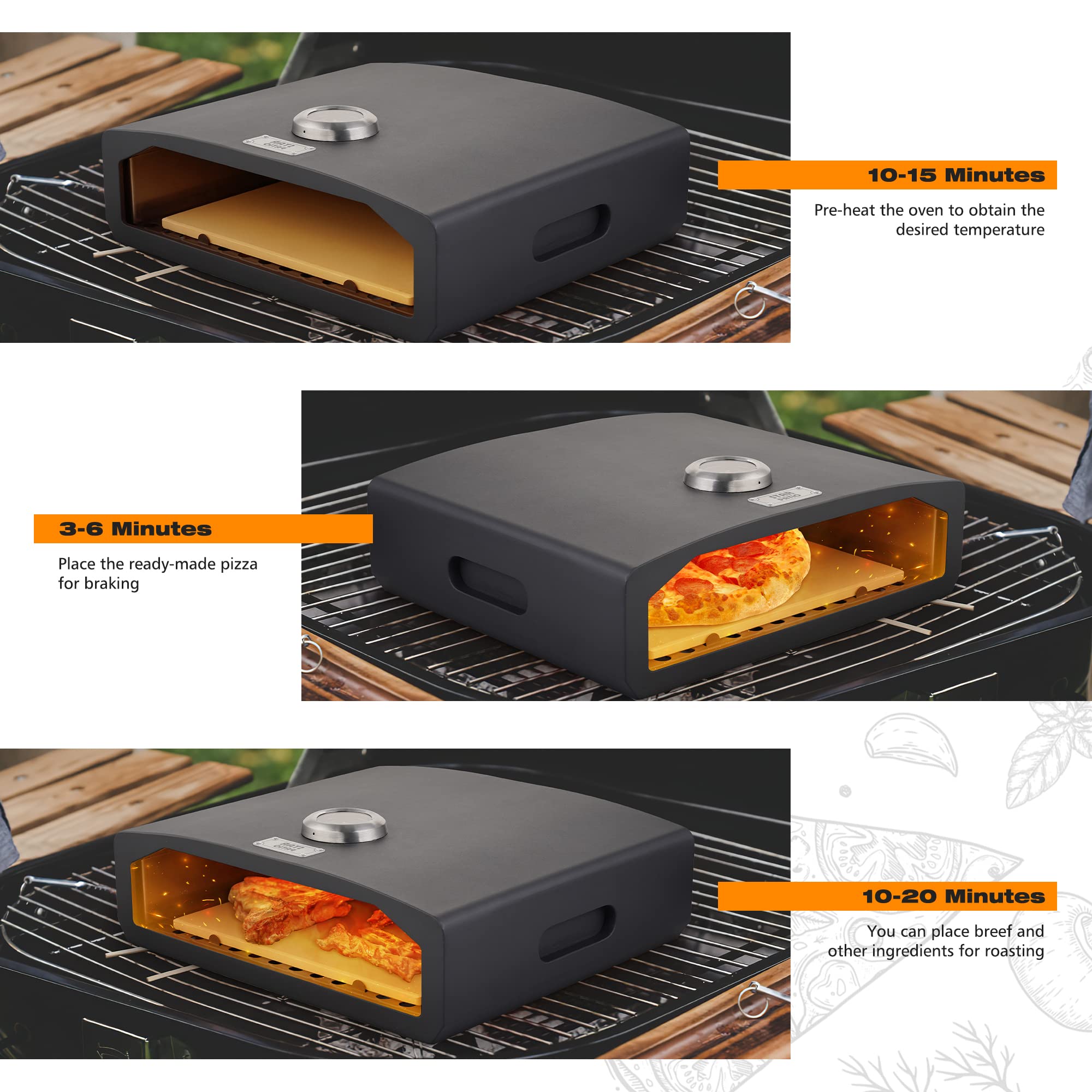 Portable Outdoor Pizza Oven for Grill - Stainless Steel Pizza Maker with Pizza Stone, Peel & Thermometer - Perfect for Backyard, Camping, Tailgating & Patio Parties (PZB-002)