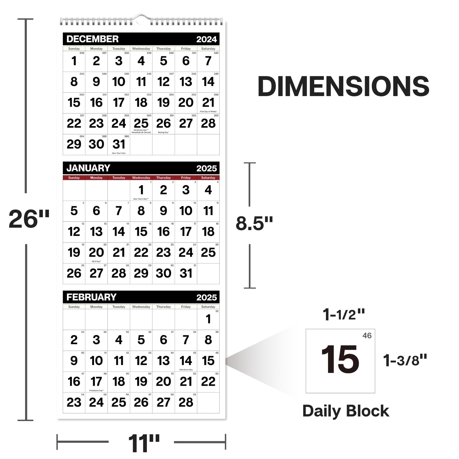 Dunwell 2024-2025 3-Month Vertical Wall Calendar | September 2024 - December 2025 | Black 11x26