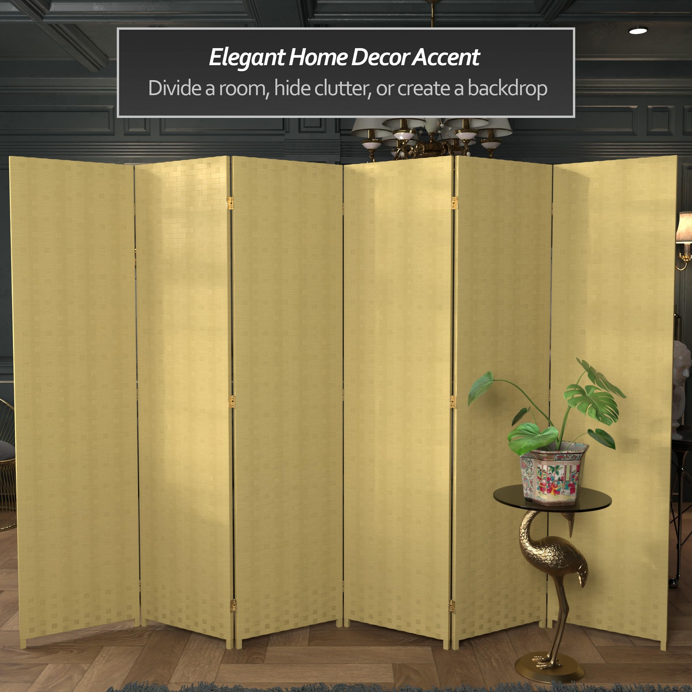6 ft. Tall Woven Fiber Red Lantern Room Divider - Dark Beige 6-Panel Folding Screen for Home, Office, and Event Decor