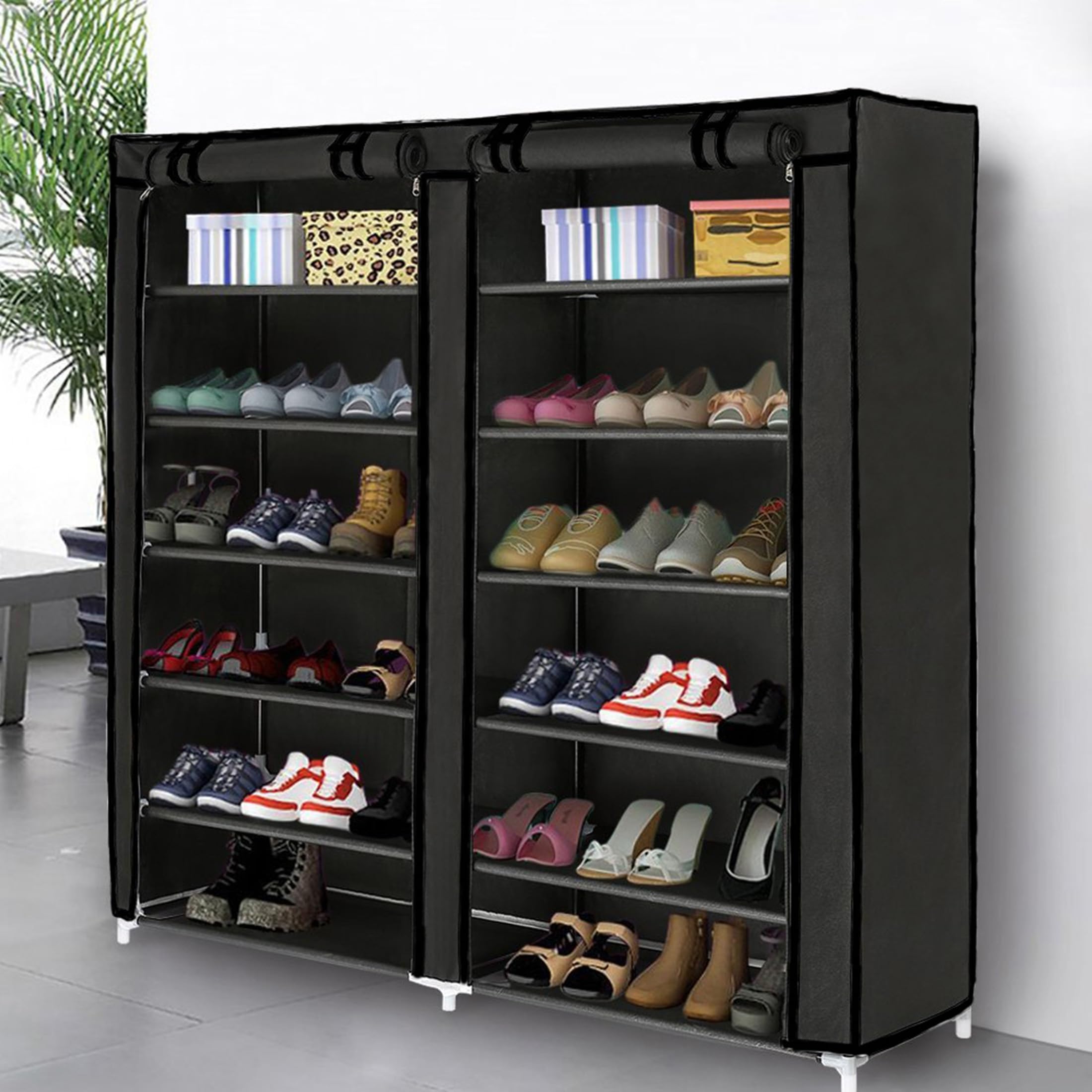 Blissun 7-Tier Shoe Rack Organizer - Holds 36 Pairs, Space-Saving Double Row Shoe Storage Shelf for Closet & Entryway with Removable Non-Woven Fabric Cover (Black) - Perfect for Small Apartments, Dorm Rooms & Home Organization