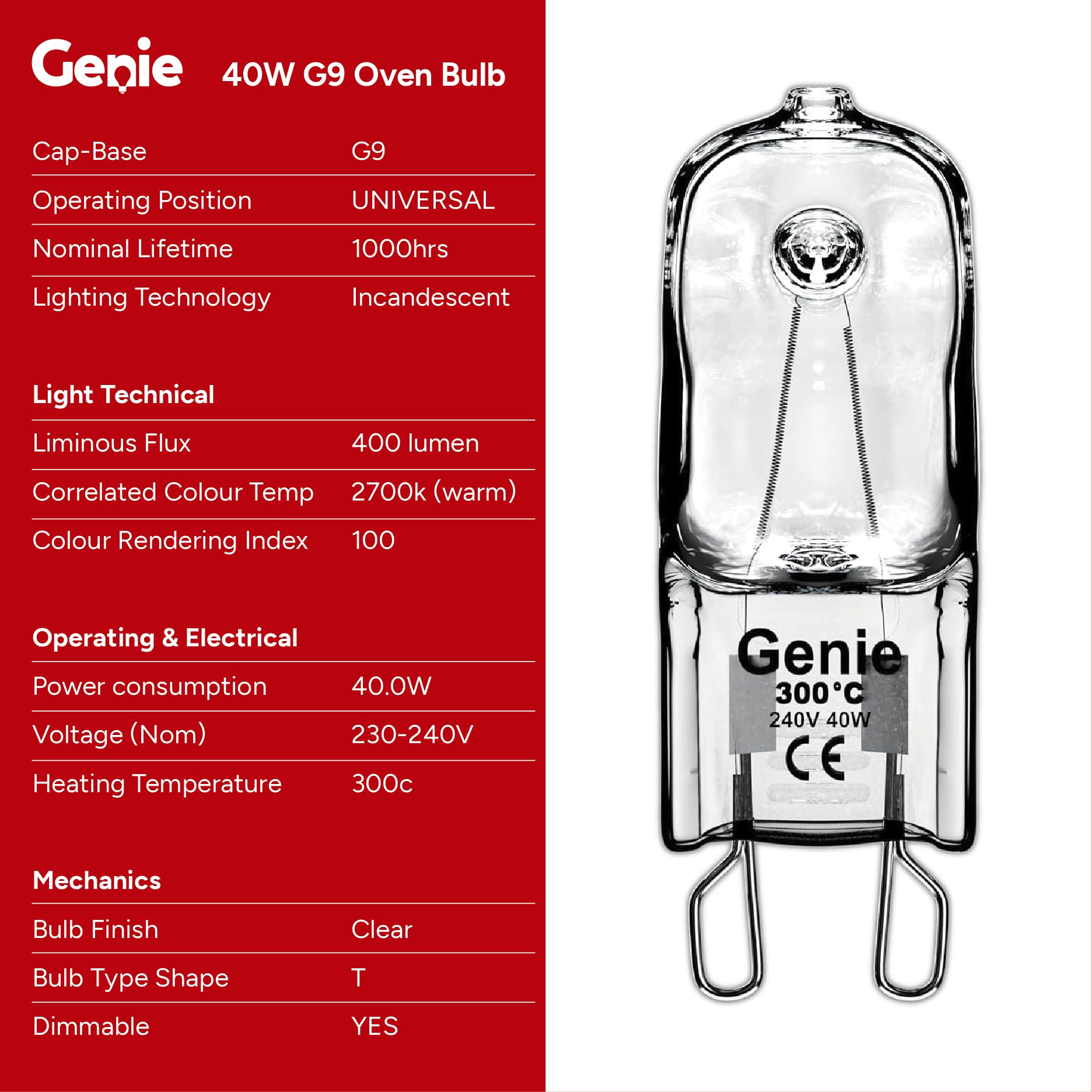 G9 Halogen Oven Bulb 40W 230V (2-Pack) - 300°C Heat Resistant Oven Light for Philips, Neff, AEG, Smeg, Zanussi & Bosch - Perfect for Baking, Roasting & Kitchen Appliance Replacement