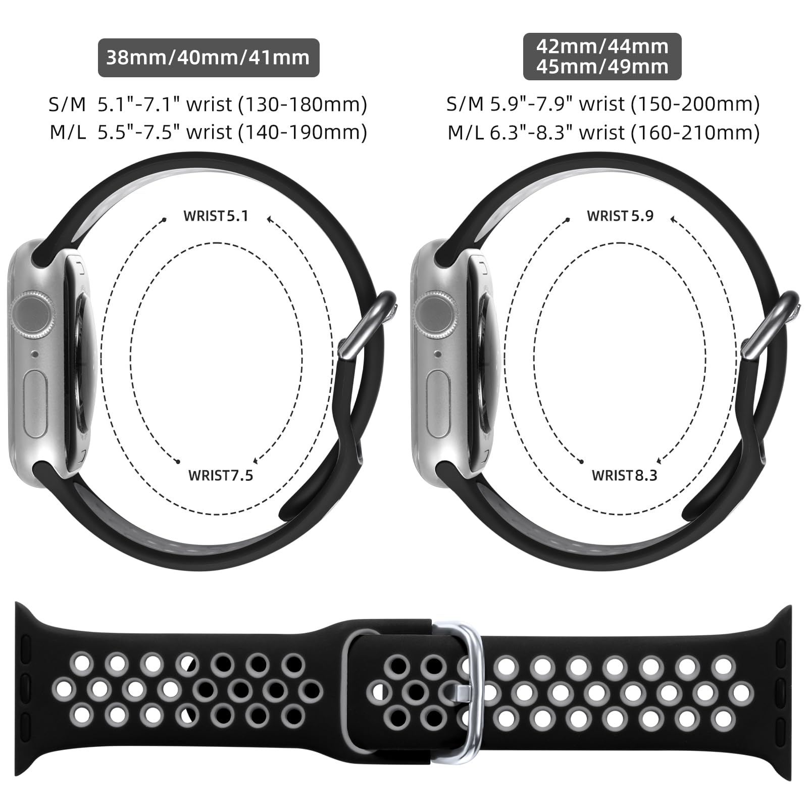 Soft Silicone Sport Loop Band for Apple Watch 38mm 40mm 41mm - Compatible with iWatch SE Series 7 6 5 4 3 2 1 - Replacement Wristband for Men & Women (Black/Gray, M/L) - Perfect for Workouts, Running & Everyday Wear