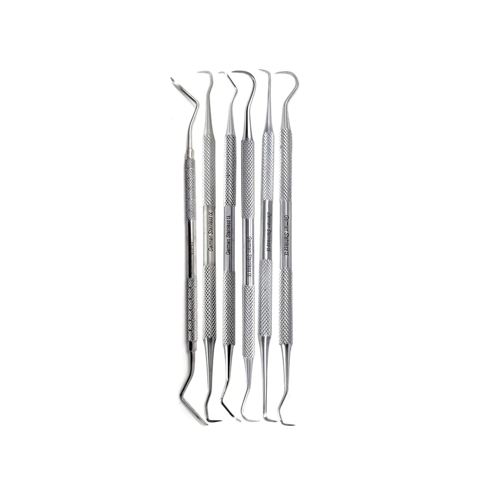 Professional Dental Sickle Scalers Set - 6 Stainless Steel Double-Ended Teeth Cleaning Tools for Calculus, Plaque & Tartar Removal - Ergonomic Knurled Handle for Dentists & Hygienists - Perfect for Dental Clinics, Home Oral Care & Professional Teeth Cleaning Kits