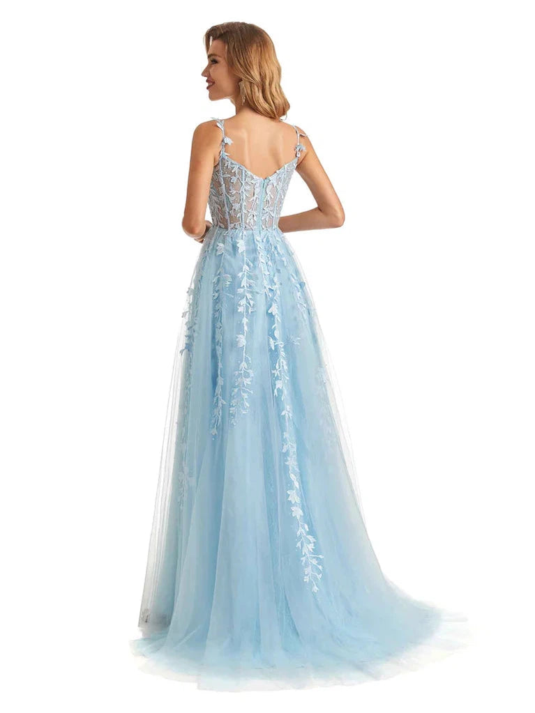 Elegant Blue A-Line Spaghetti Strap V-Neck High Slit Long Prom Dress for Women - Perfect for Homecoming, Evening Parties & Formal Events
