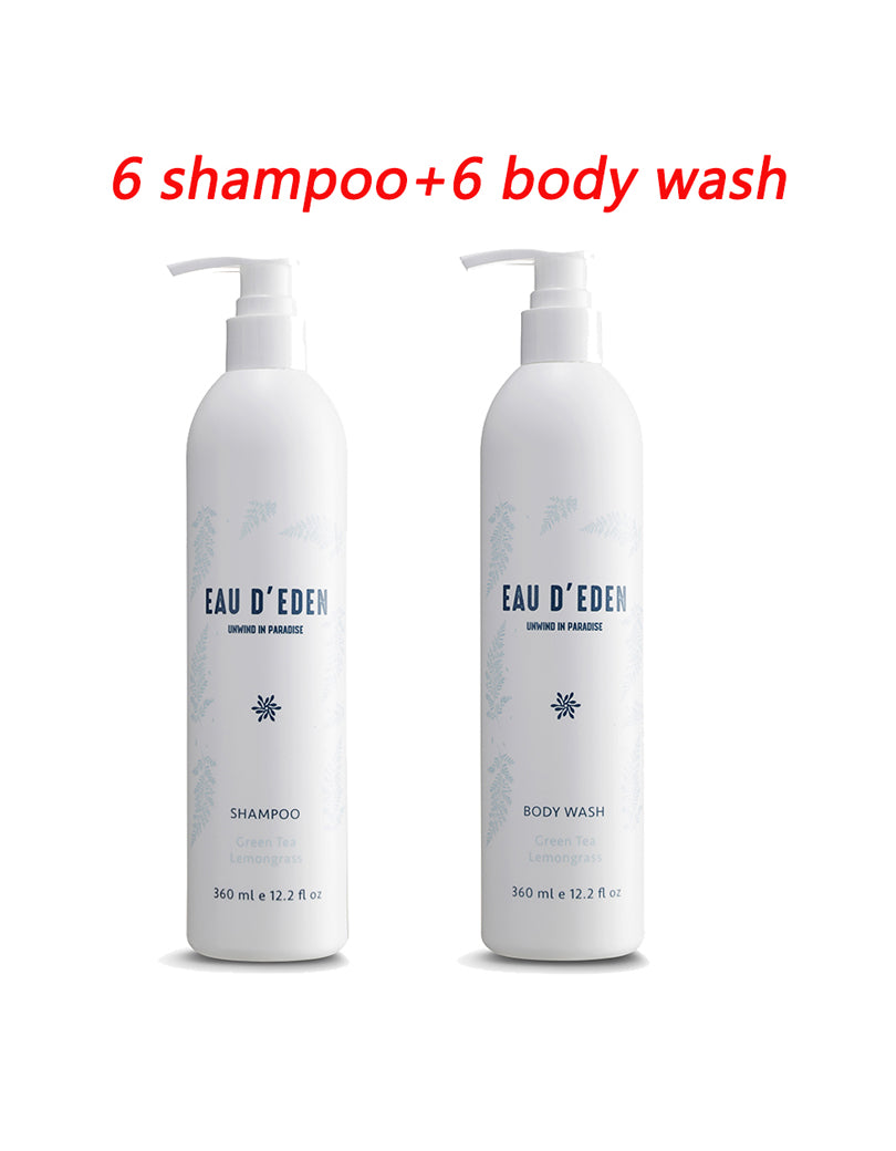 EAU D'EDEN 12 Pack Shampoo & Body Wash Set (6x12.2oz Shampoo + 6x12.2oz Body Wash) with Wall Mount Dispenser - No Drill Installation - Perfect for Bathroom, Gym, Spa & Home Use