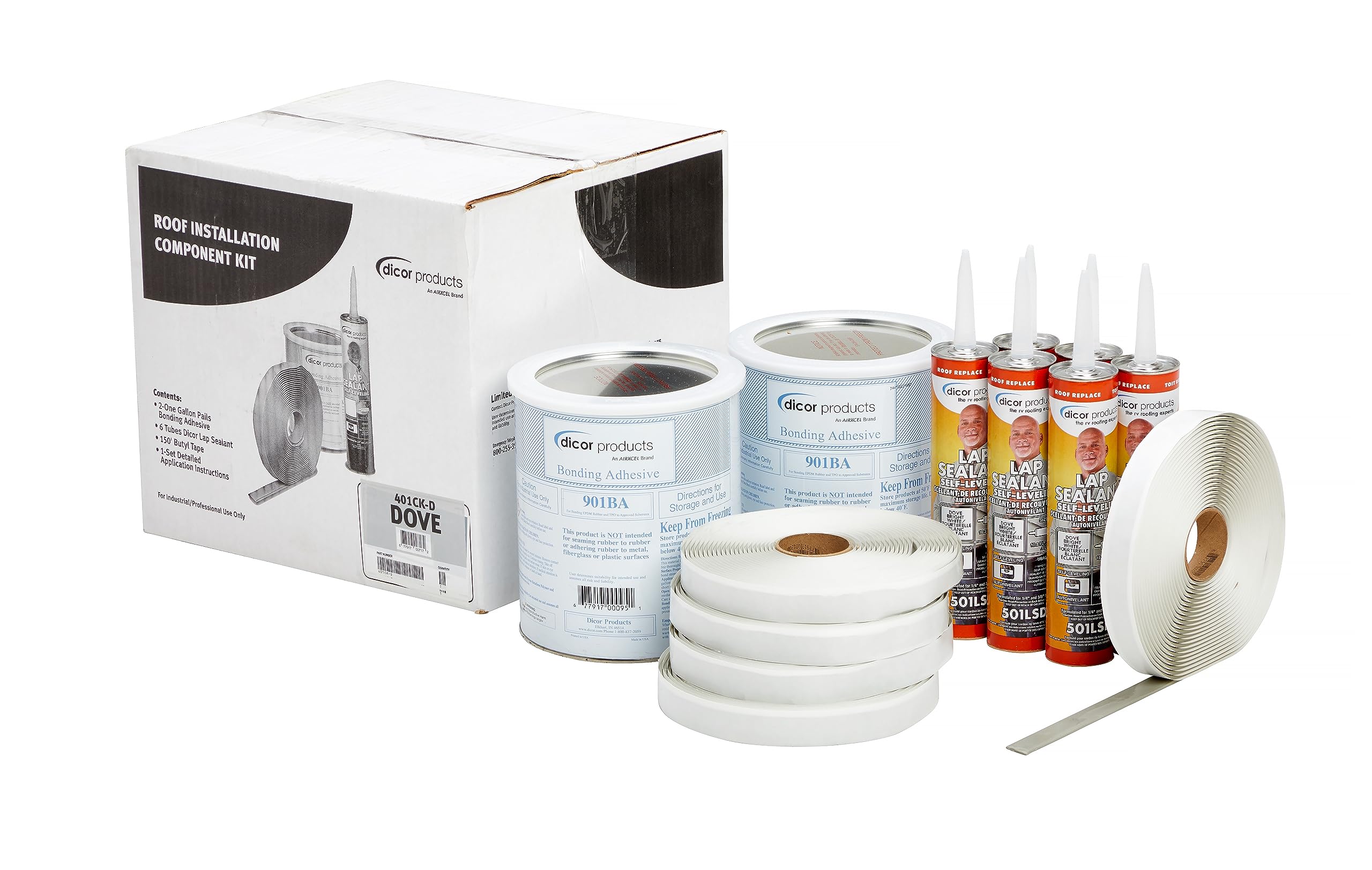 Dicor 401-CK-D RV Rubber Roof Repair Kit with Bonding Adhesive & Butyl Tape - Includes Lap Sealant for RV, Trailer, Motorhome Roof Maintenance (Bright White) - Perfect for Leak Prevention & Weatherproofing Roof Seams