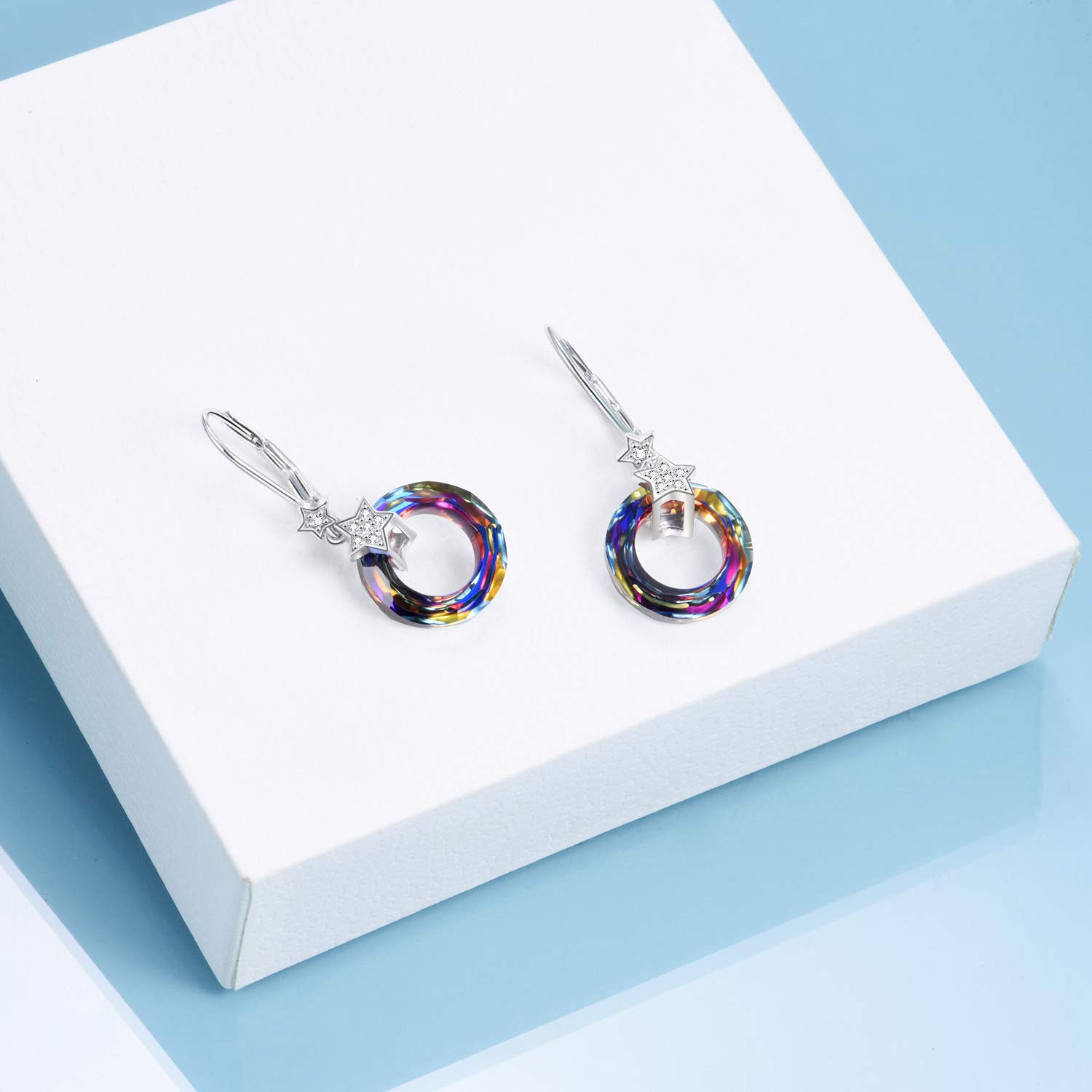 Volcano Rose & Star Crystal Earrings - Sterling Silver Rose Circle Dangle Leverback Earrings with Austrian Crystals | Elegant Jewelry Gift for Women | Perfect for Birthday, Anniversary & Special Occasions