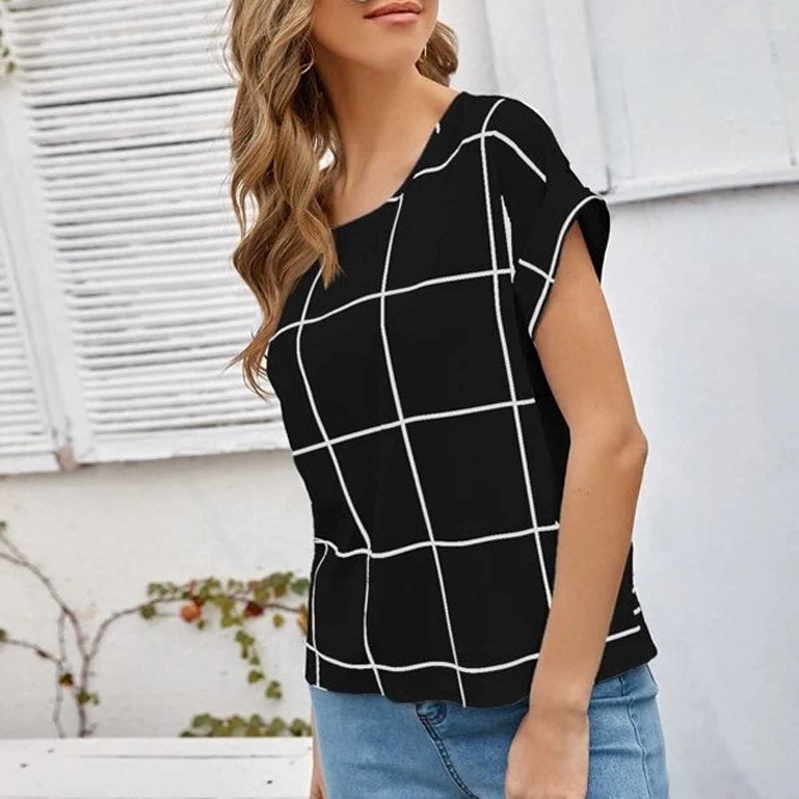 FMCHICO Women's Casual Lattice Print Crewneck Short Sleeve T-Shirt Blouse - Breathable Summer Top for Outing, Dating & Daily Wear