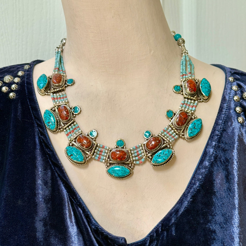 Handmade Tibetan Alpaca Silver Necklace with Turquoise & Coral Beads - Boho Jewelry for Women, Spiritual Gift, Festival Accessory