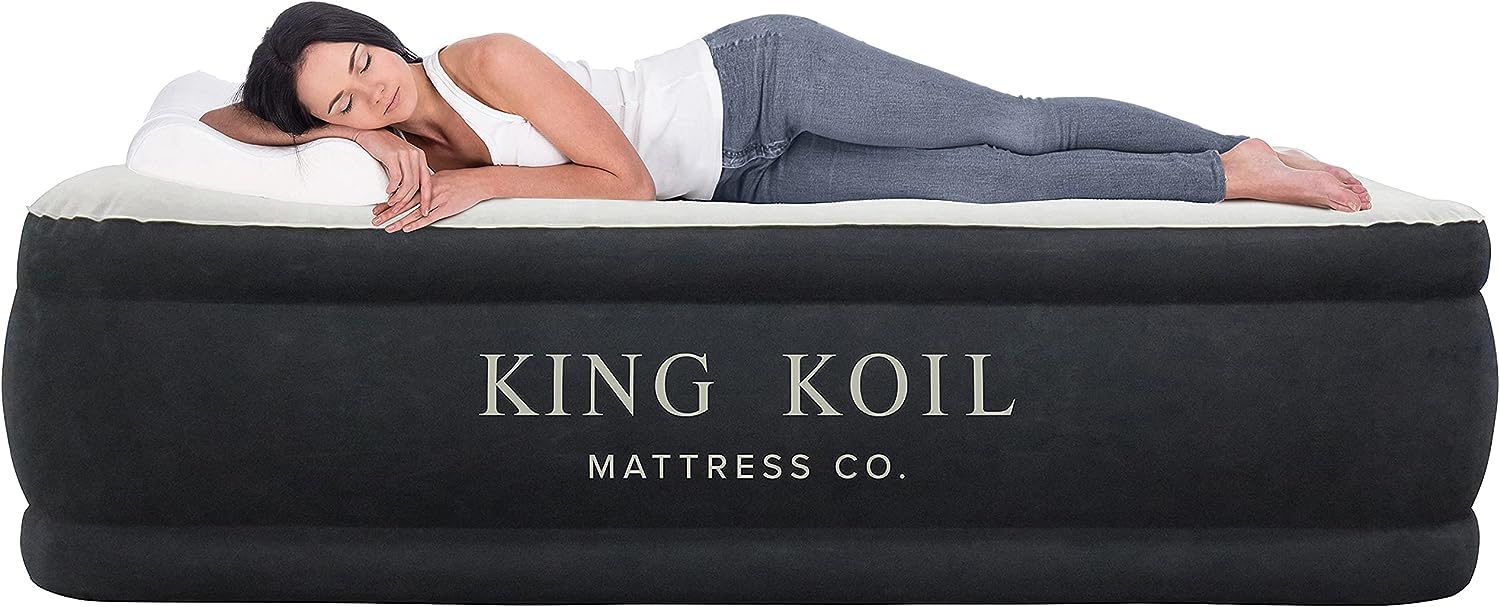King Koil Plush Pillow Top Luxury Twin Air Mattress with Built-in High-Speed Pump - Waterproof Inflatable Airbed for Camping, Home Use & Guest Bed (1-Year Warranty) | Perfect for Outdoor Adventures, Sleepovers & Temporary Accommodations