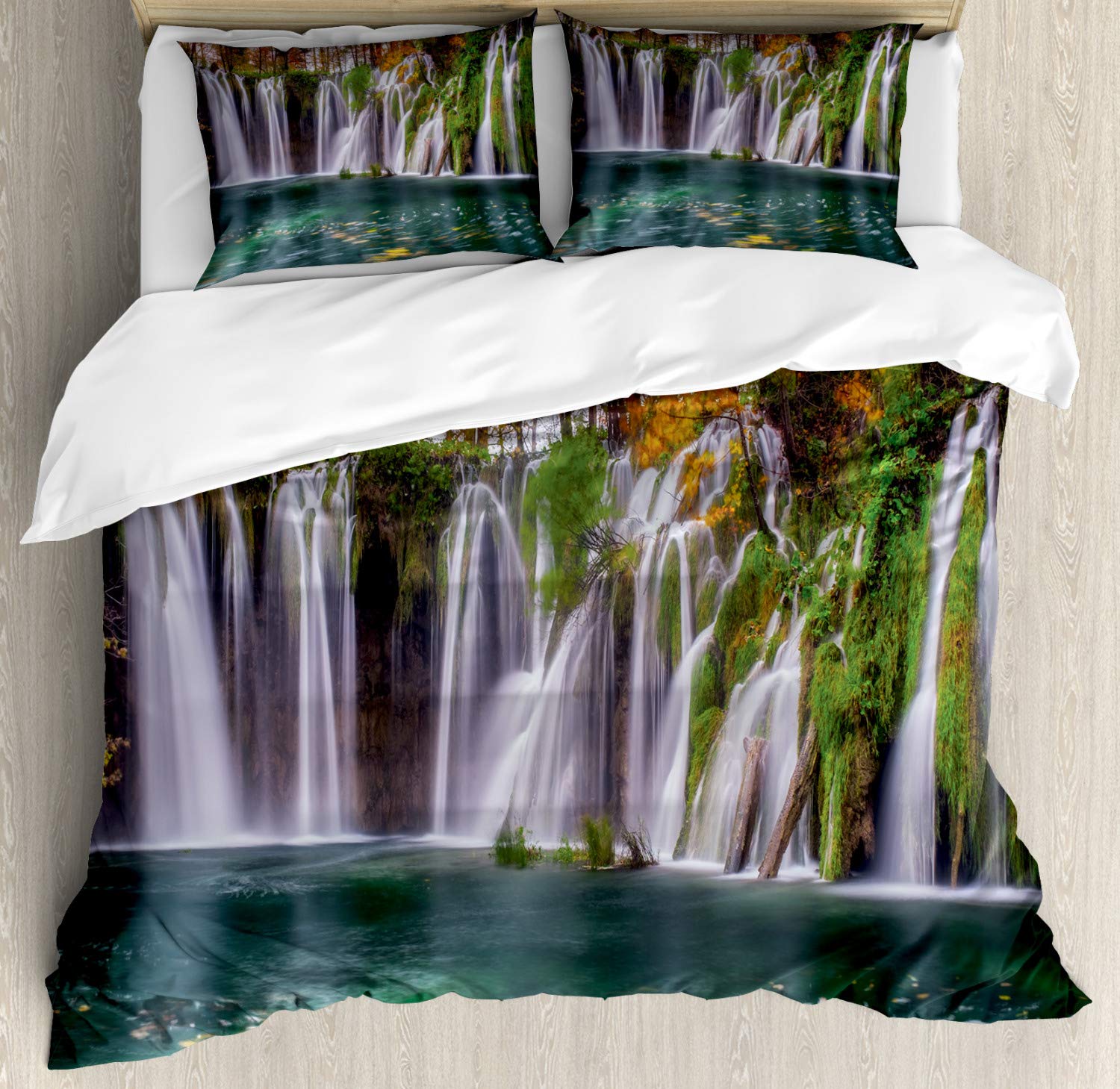 Ambesonne Croatia Duvet Cover Set - Nature Photography of Plitvice Lakes National Park with Trees in Europe, 3-Piece Decorative Bedding Set with 2 Pillow Shams, Queen Size, Multicolor - Perfect for Home Decor, Bedroom Upgrade & European Nature Lovers
