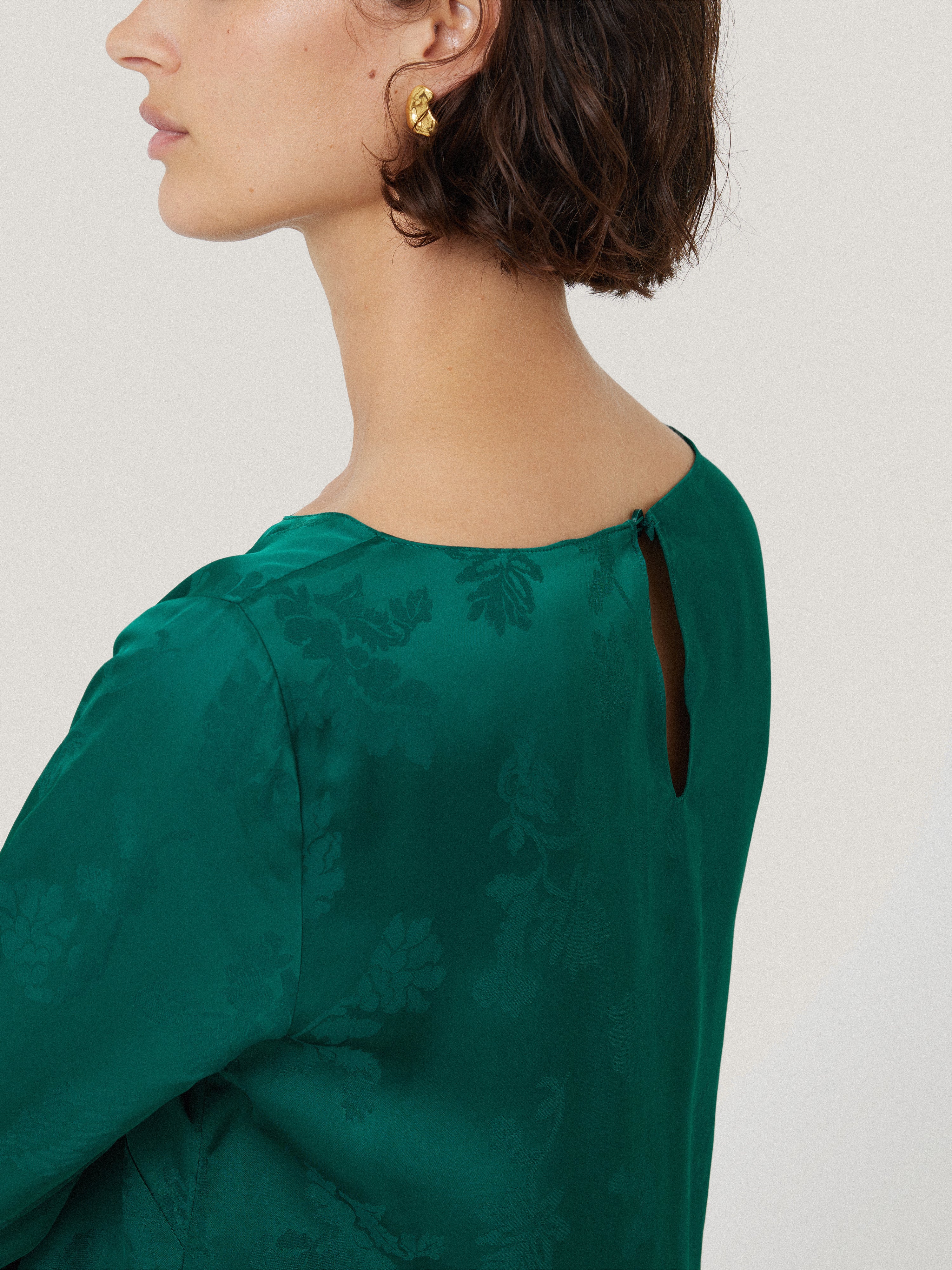 Floral Jacquard Boat Neck Blouse for Women - Elegant Green Embroidered Tunic Top | Perfect for Spring Outfits, Office Wear & Casual Occasions
