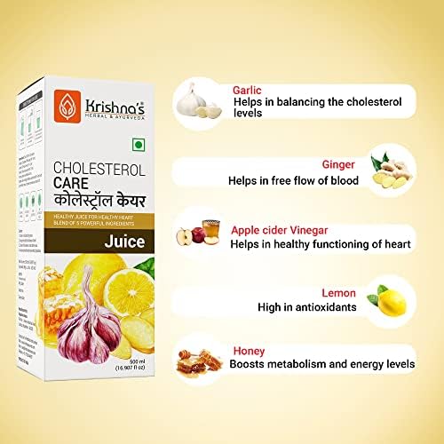 KRISHNA's Herbal & Ayurvedic Cholesterol Care Juice - 500ml | Sugar-Free Health Drink with Honey, Apple Cider, Ginger & Garlic | Supports Heart Health & Natural Detox | Perfect for Daily Wellness Routine & Ayurvedic Lifestyle