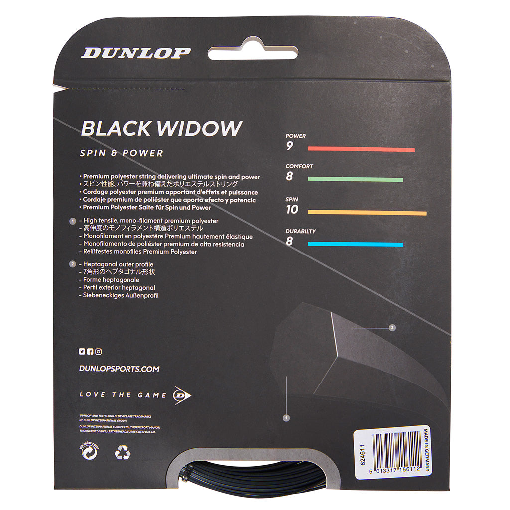 Dunlop Black Widow 17/1.25 Tennis String - High Performance Polyester Tennis Racket String for Control & Durability (Black) | Perfect for Competitive Play & Tournament Use