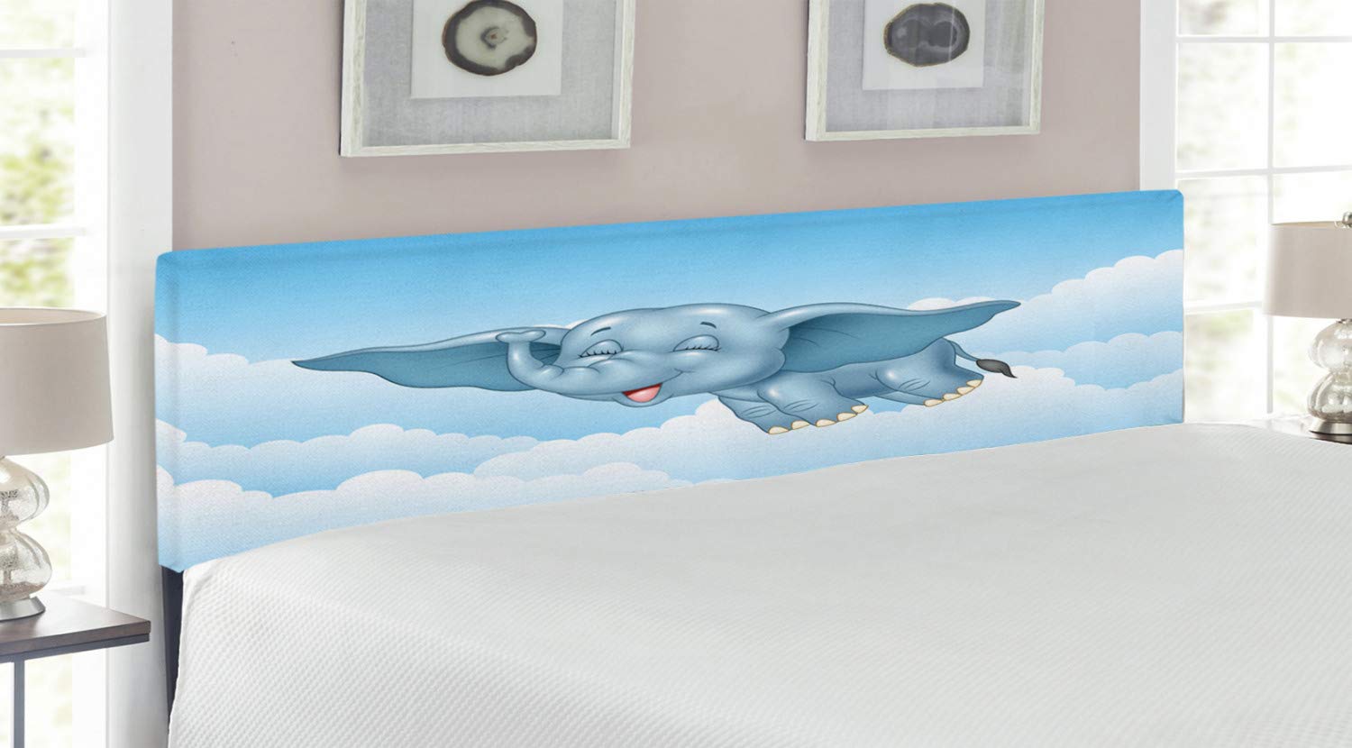 Ambesonne King Size Upholstered Animal Headboard with Memory Foam - Flying Clouds Comic Humor Design in Pale Blue | Decorative Metal Bed Frame for Bedroom, Guest Room & Kids Room