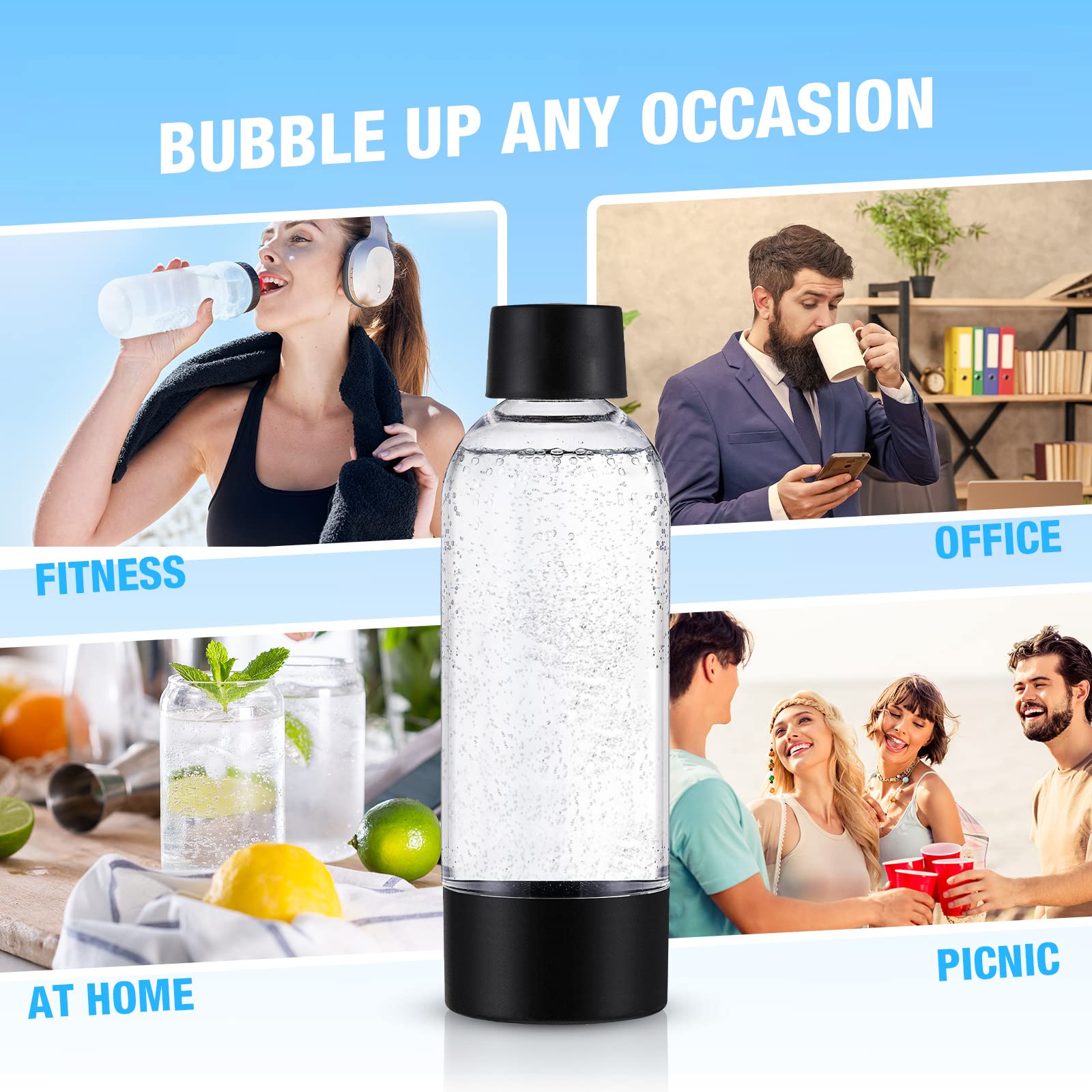 Meekoo 4-Pack 1 Liter Clear Plastic Soda Carbonating Bottles - Compatible with iSoda & Drinkmate Soda Makers - Perfect for Home, Kitchen, Parties & Making Sparkling Water, Flavored Drinks & Cocktails