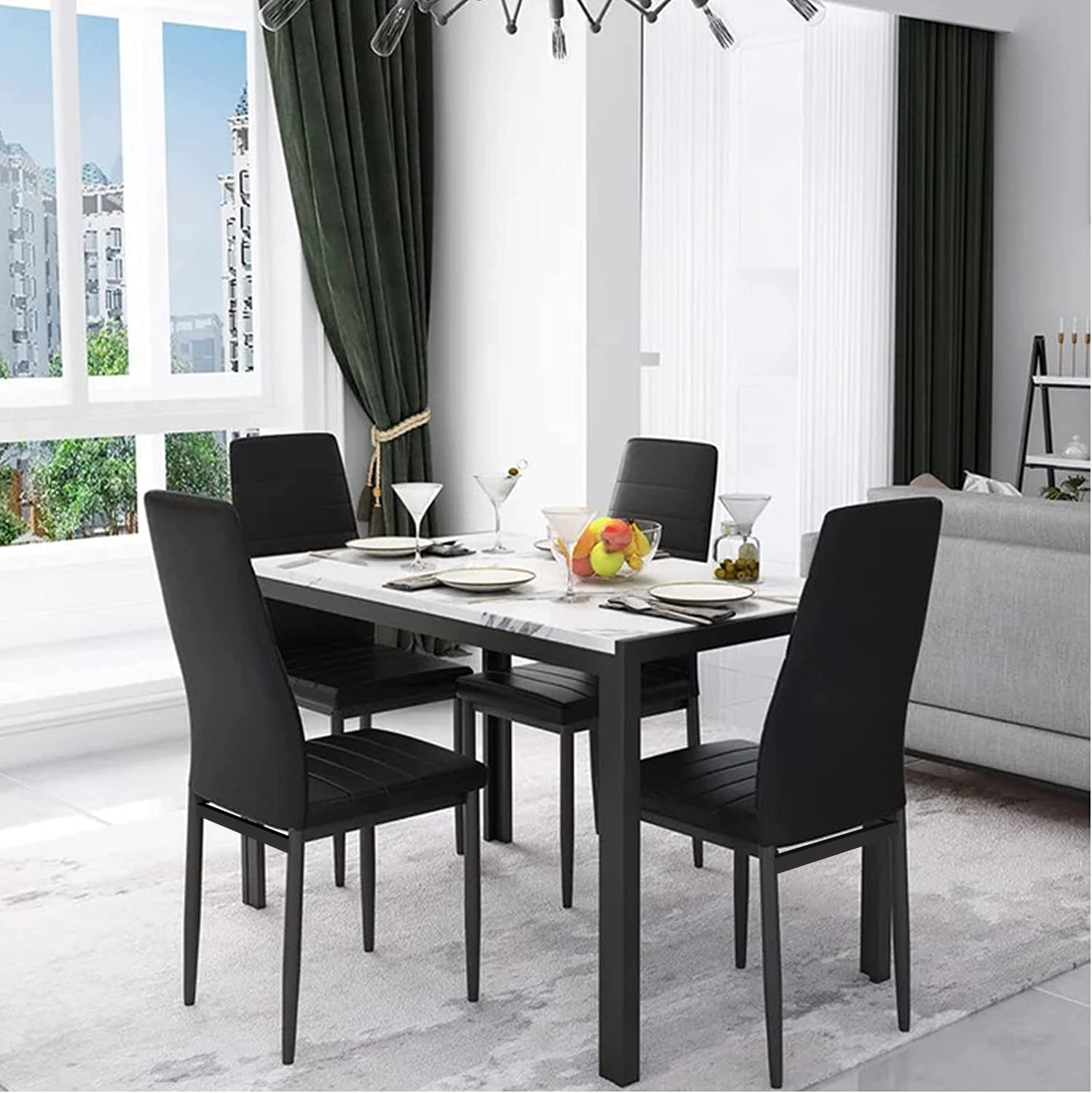 DKLGG 5-Piece Modern Dining Table Set for 4 - Faux Marble Kitchen Table with 4 Chairs, Space-Saving Home Furniture for Small Apartments | Perfect for Family Dinners, Entertaining Guests & Compact Living Spaces