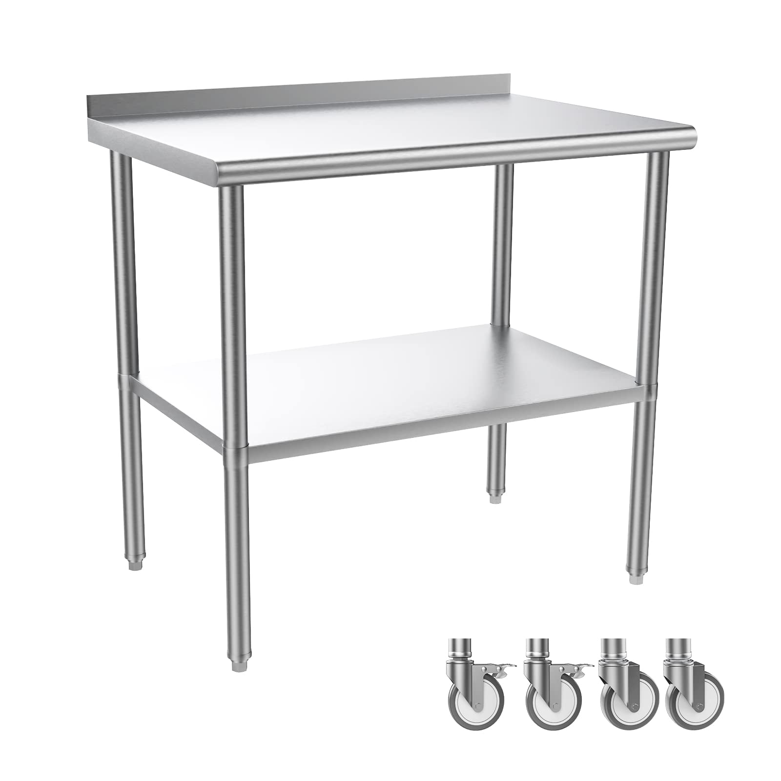ROVSUN 36' x 24'' NSF Certified Stainless Steel Commercial Worktable - Heavy Duty Metal Prep Table with Wheels & Backsplash for Kitchen, Restaurant, Hotel & Home Use | Perfect for Food Prep, Cooking & Workspaces