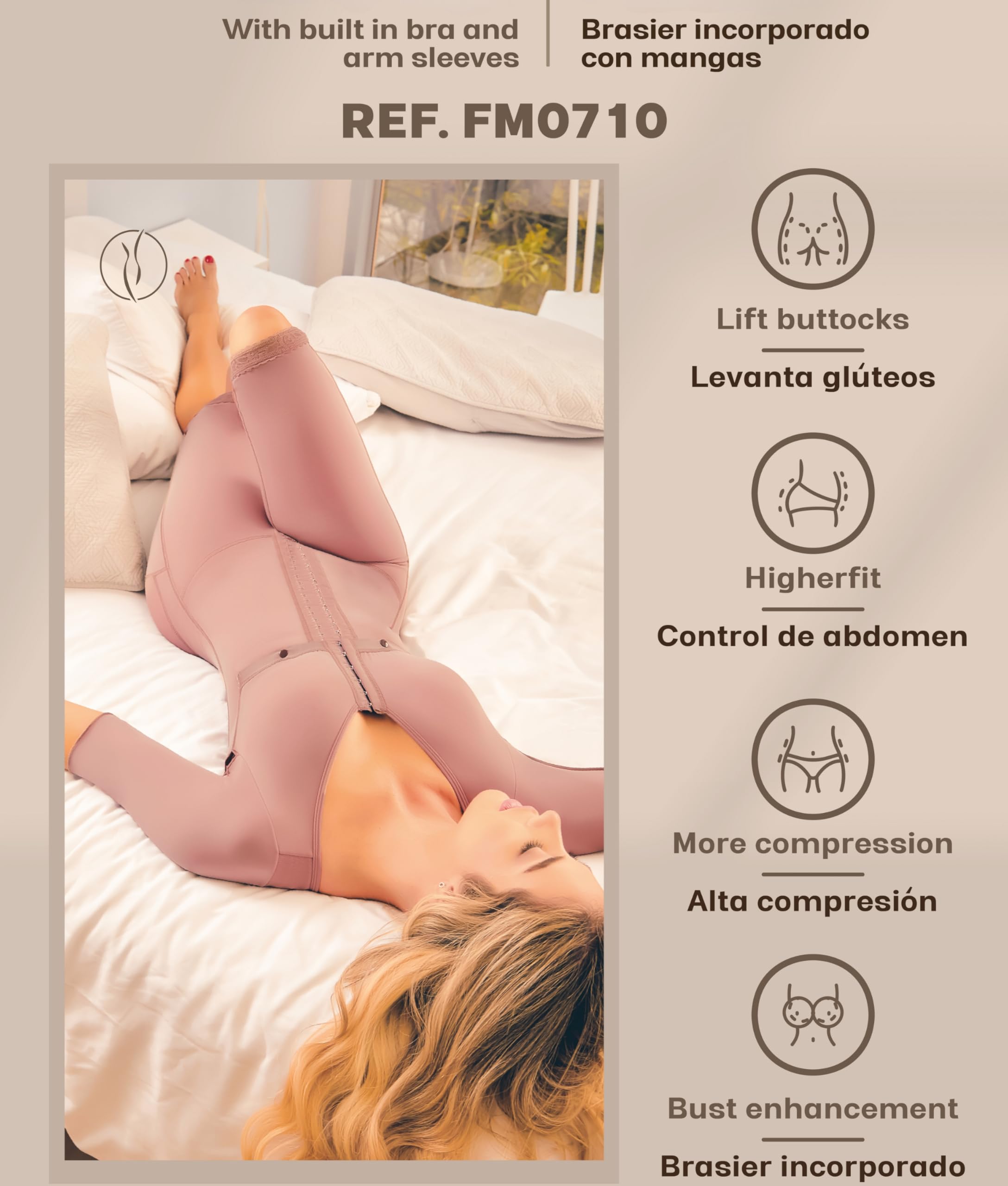 0710 Colombian Shaping Fajas with Sleeves & Built-in Bra - Tummy Control Powernet Shapewear for Women, Knee-Length Bodysuit with 3-Row Hook Closure | Perfect for Postpartum Recovery, Weight Loss & Everyday Slimming