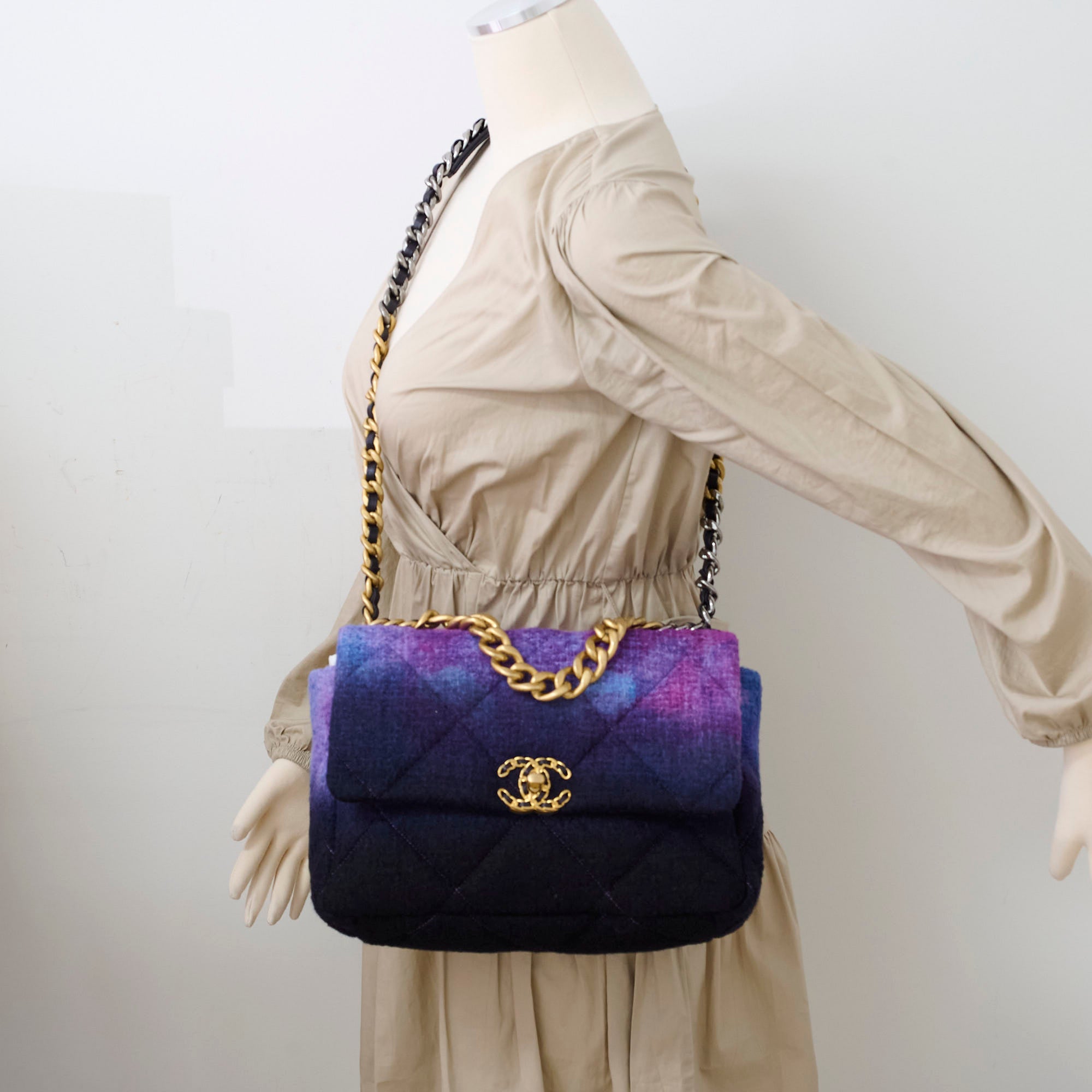 Chanel 19 Large Tweed Ombre Black/Purple Shoulder Bag - Luxury Designer Handbag for Women | Perfect for Evening Events, Parties & Special Occasions