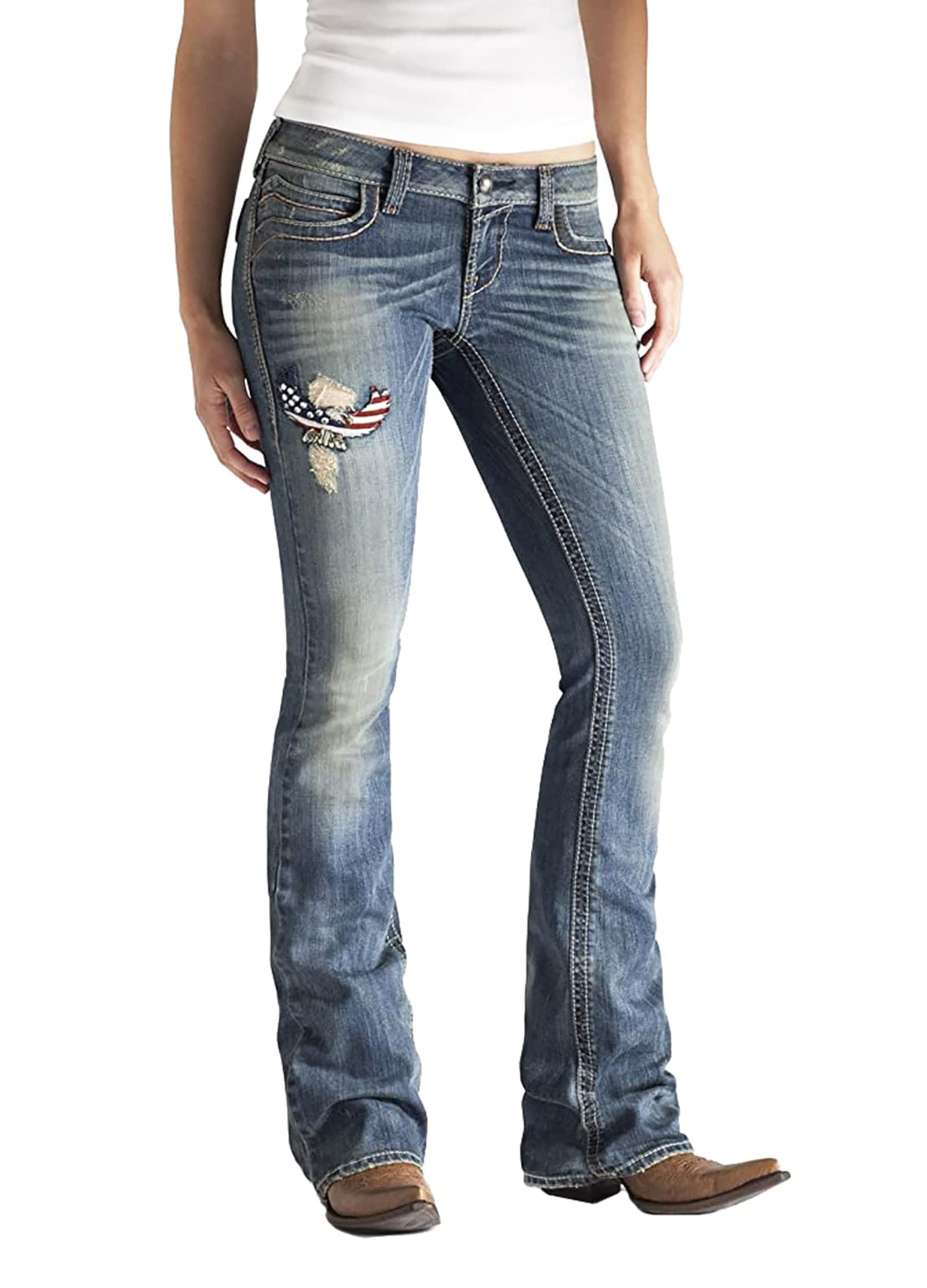 Women's American Flag Print Mid Rise Bootcut Jeans - Patriotic Denim Pants for Casual Wear & 4th of July Outfits