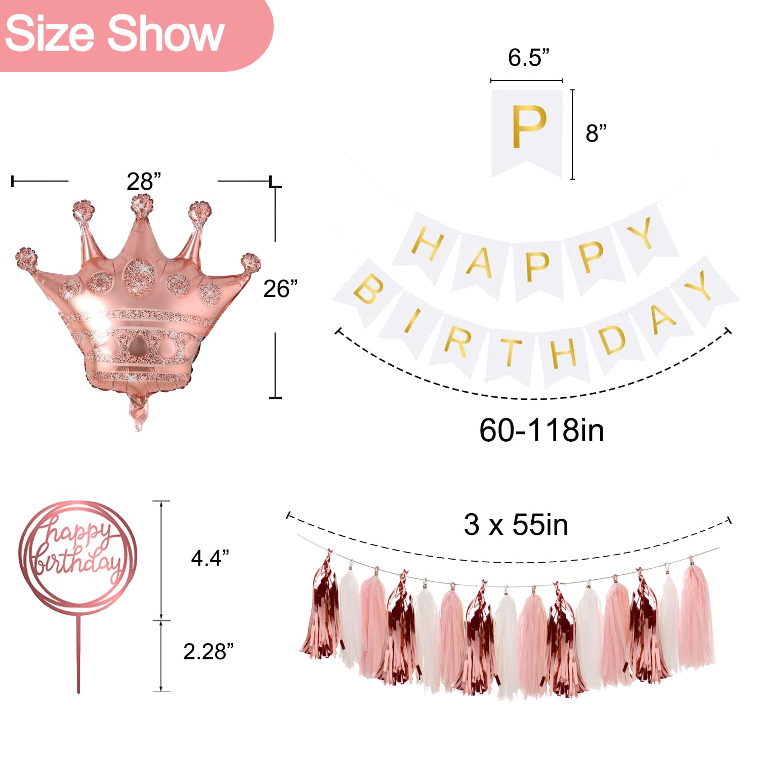 Elegant Rose Gold Birthday Party Decorations Set - Happy Birthday Banner, Fringe Curtain Backdrop, Balloons & Tassel Garland for Women's 30th/40th/50th Birthday, Bridal Shower, Baby Shower & Anniversary Celebrations