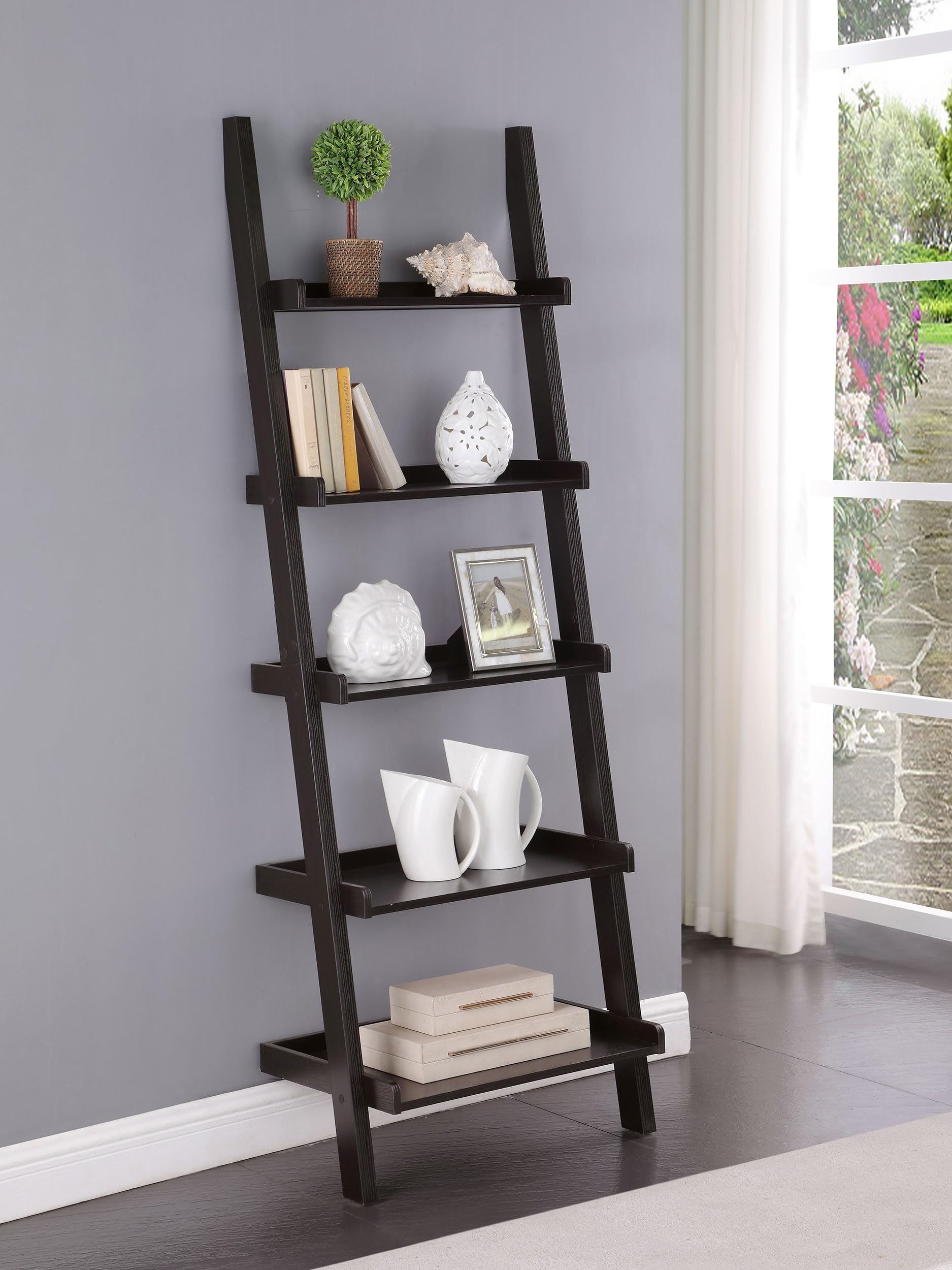 Colella 5-Shelf Ladder Bookcase in Cappuccino Finish - Modern Wooden Bookshelf for Living Room, Bedroom & Office Storage - Space-Saving Home Decor Furniture