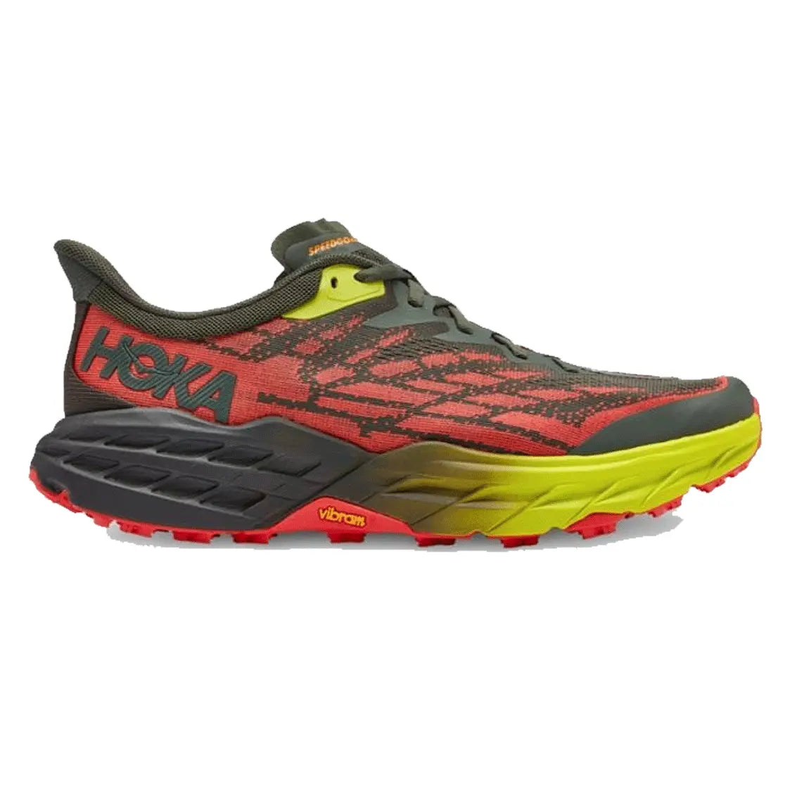 HOKA Speedgoat 5 Wide Trail Running Shoes for Men - Thyme/Fiesta Color - Lightweight Hiking & Outdoor Adventure Footwear