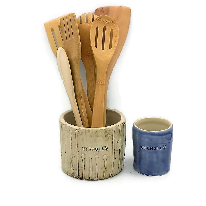 Large Ceramic Utensil Holder for Kitchen - Textured Ceramic Vase Crock Organizer for Wooden Spoons & Cooking Tools - Perfect for Countertop Storage & Kitchen Decor