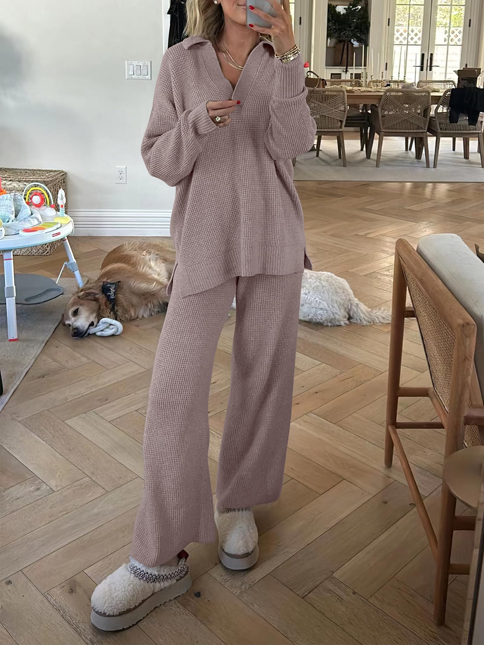 ANRABESS Women's Two Piece Outfits - Waffle Knit Sweater & Wide Leg Pants Lounge Set | Soft Matching Tracksuit for Casual Wear, Loungewear & Home Comfort