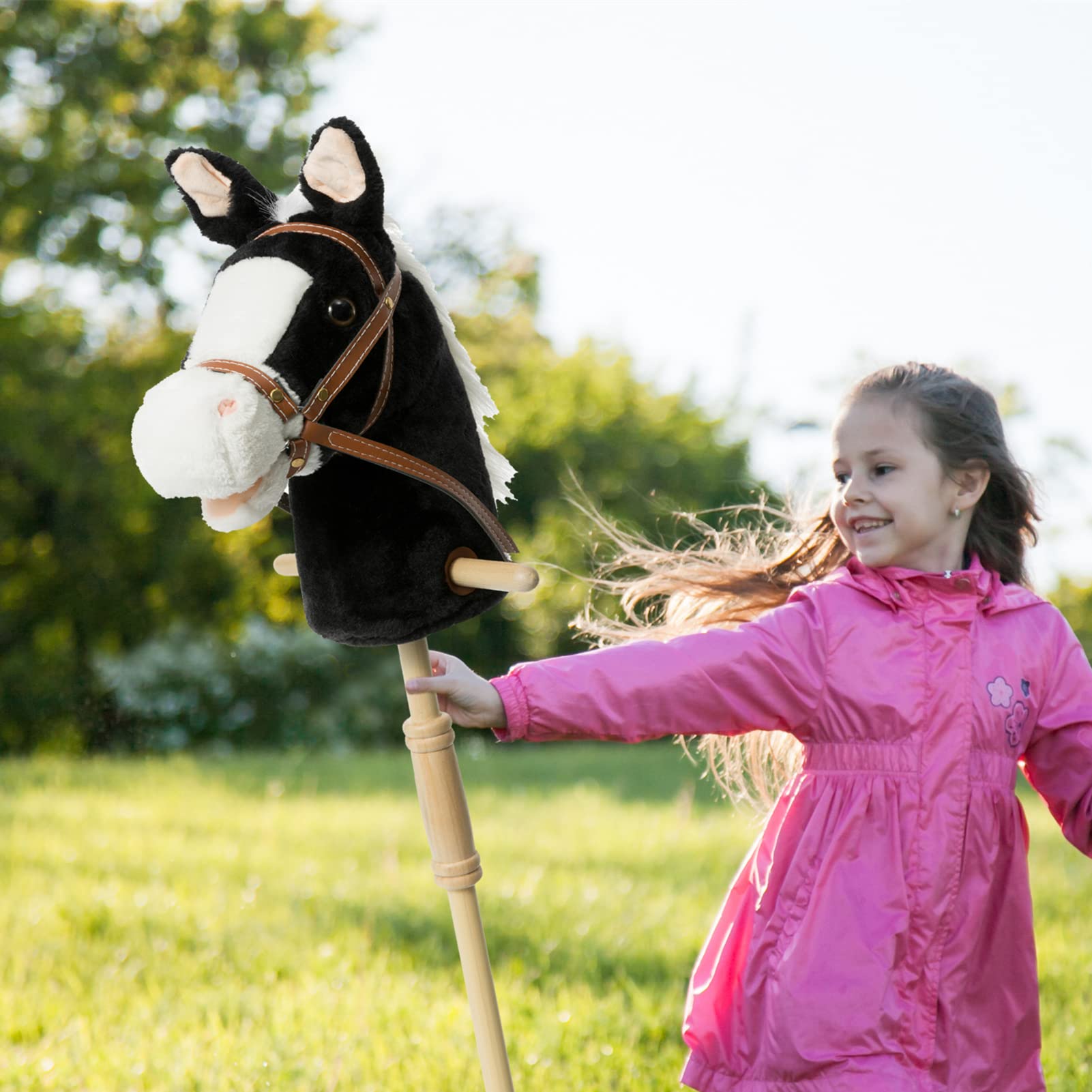HollyHOME Stick Horse Plush Handmade Hobby Horse Toy with Wooden Wheels - Realistic Neighing & Galloping Sounds for Kids & Toddlers - 36 Inch Black Riding Stick Pony (AA Batteries Required) - Perfect for Imaginative Play, Birthday Gifts & Outdoor Activities
