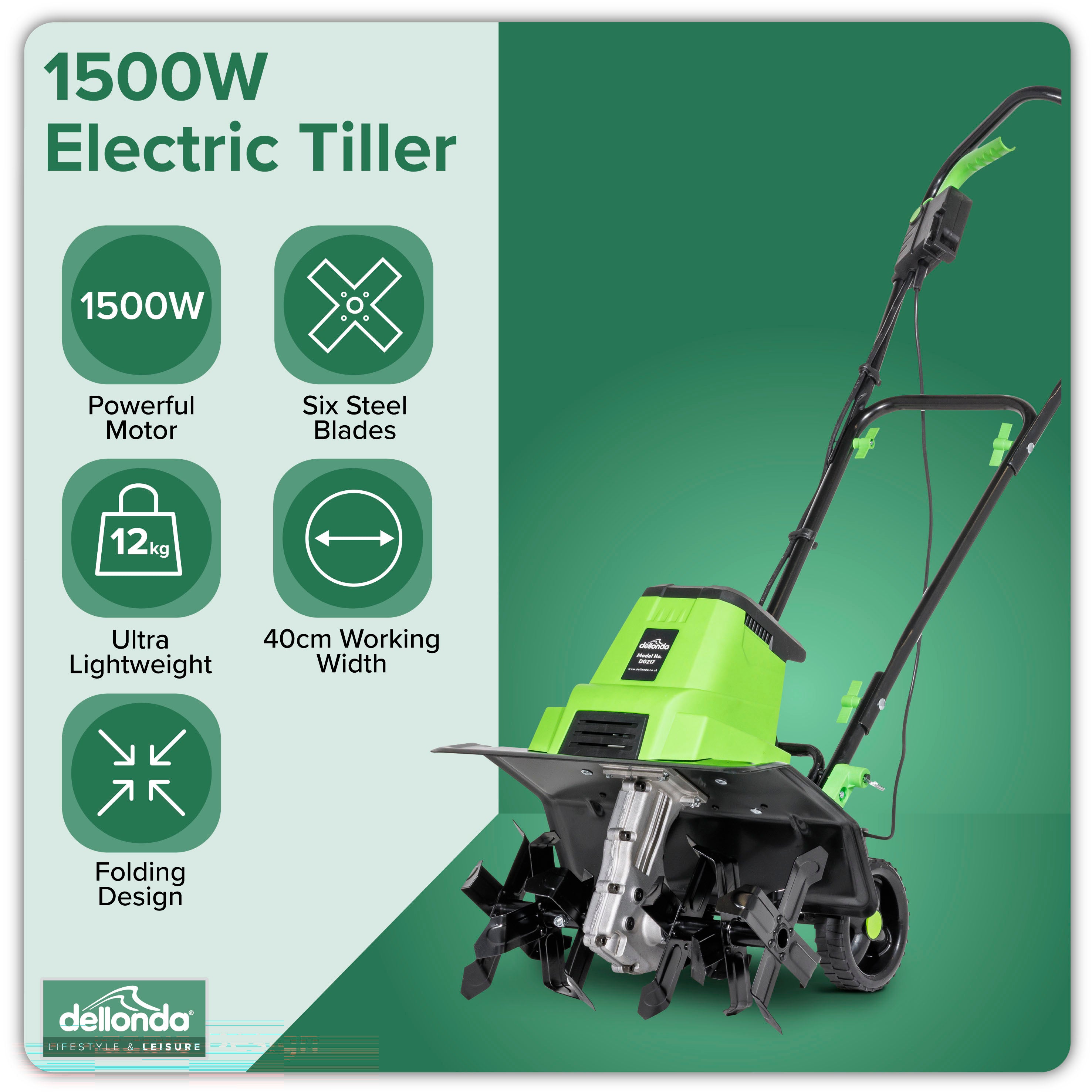 1500W Electric Tiller Cultivator - 40cm Working Width, 6 Steel Blades, 10m Power Cord - Heavy Duty Garden Soil Cultivator for Planting, Weeding & Landscaping (Model DG217)