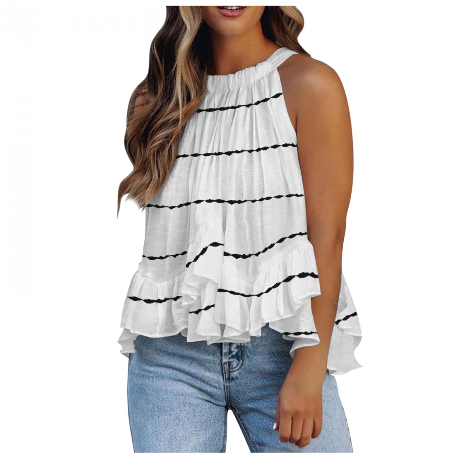 FABIURT Women's Elegant Halter Blouse - Sleeveless Ruffle Hem Tank Top, Summer Flowy Tunic Tops for Dressy Casual Wear | Perfect for Beach Outings, Date Nights & Office Parties